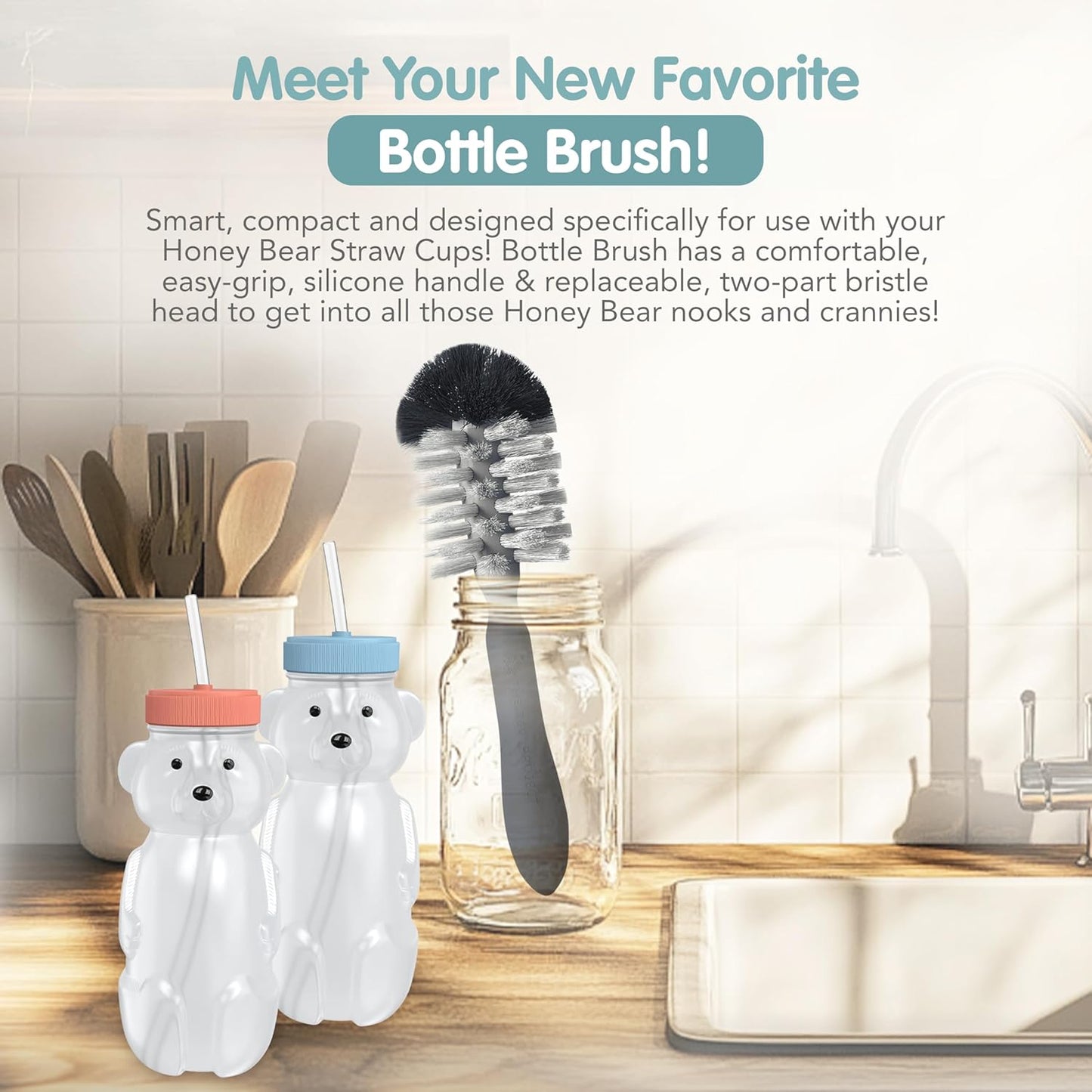 Honey Bear Straw Cup for Babies, 8oz Honey BearCup with Bottle Brush, 2-Pack Improved Lid Therapy Learning Honeybear Straw Cup for Baby Blueberry Pie & Firetruck