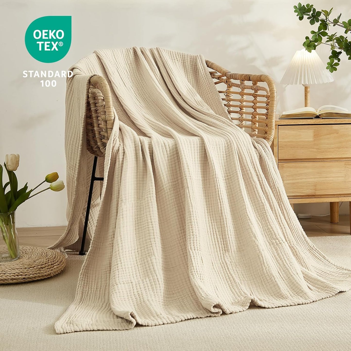 EMME Cotton Bed Blanket Twin Size Soft Muslin Boho Bedding Lightweight Breathable Twin Blanket All Season Gauze, Light Tan