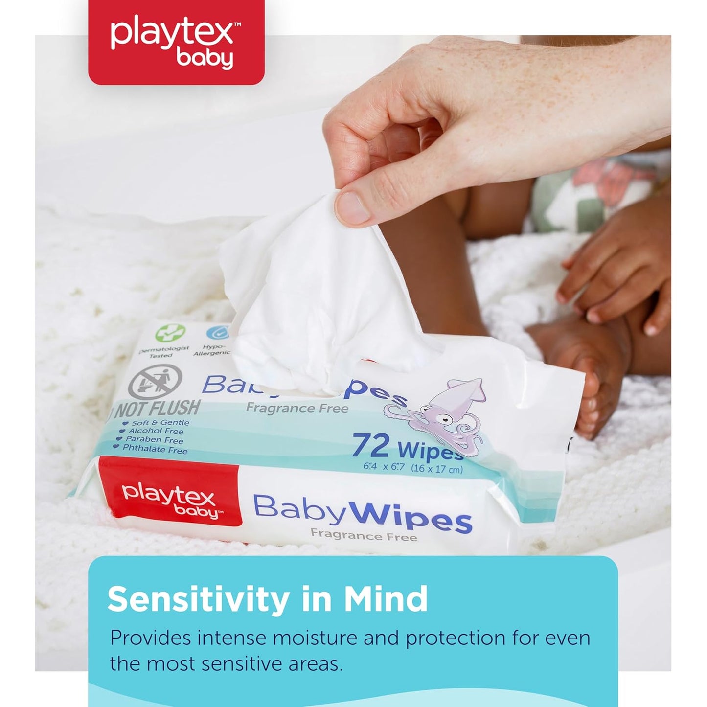 Playtex Baby Wipes, Fragrance Free, 72 Ct, 3-Pack, Dermatologist Tested Soft and Gentle Baby Face and Hand Wipes, pH Balanced, Hypoallergenic, Free of Alcohol, Parabens and Phthalates