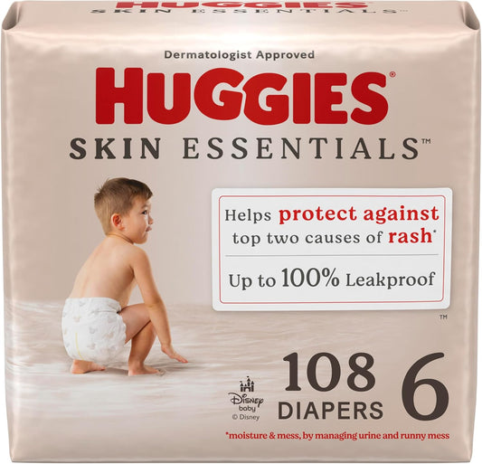 Huggies Size 6 Diapers, Skin Essentials Baby Diapers, Size 6 (35+ lbs), 108 Count (2 Packs of 54), Packaging May Vary