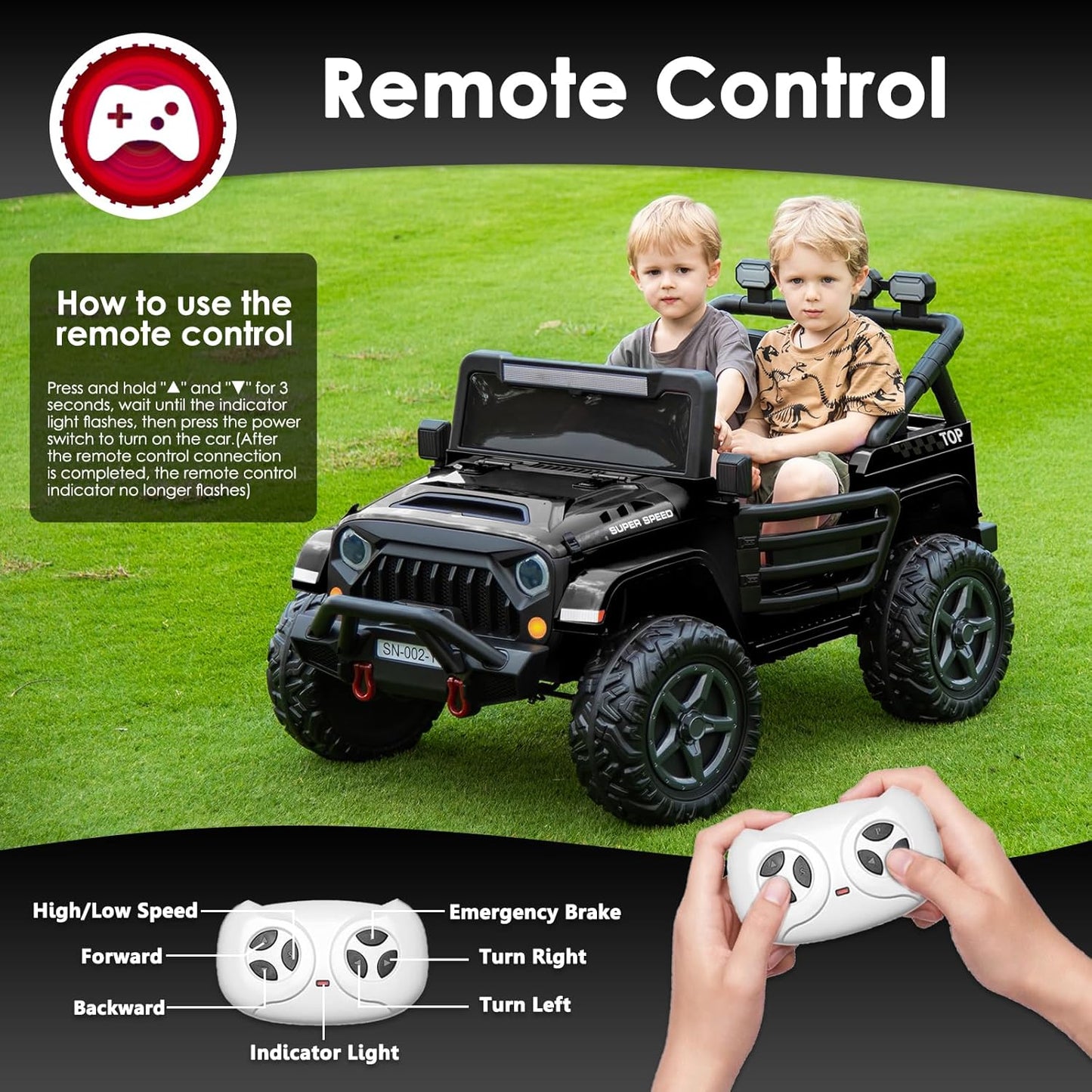 24V 2 Seater Ride On Truck with Remote Control 4WD Electric Car for Kids Ride On Car Battery Powered Ride On Toy Car with Music Player, LED Lights, Bluetooth, Rear Shock Absorber, Black