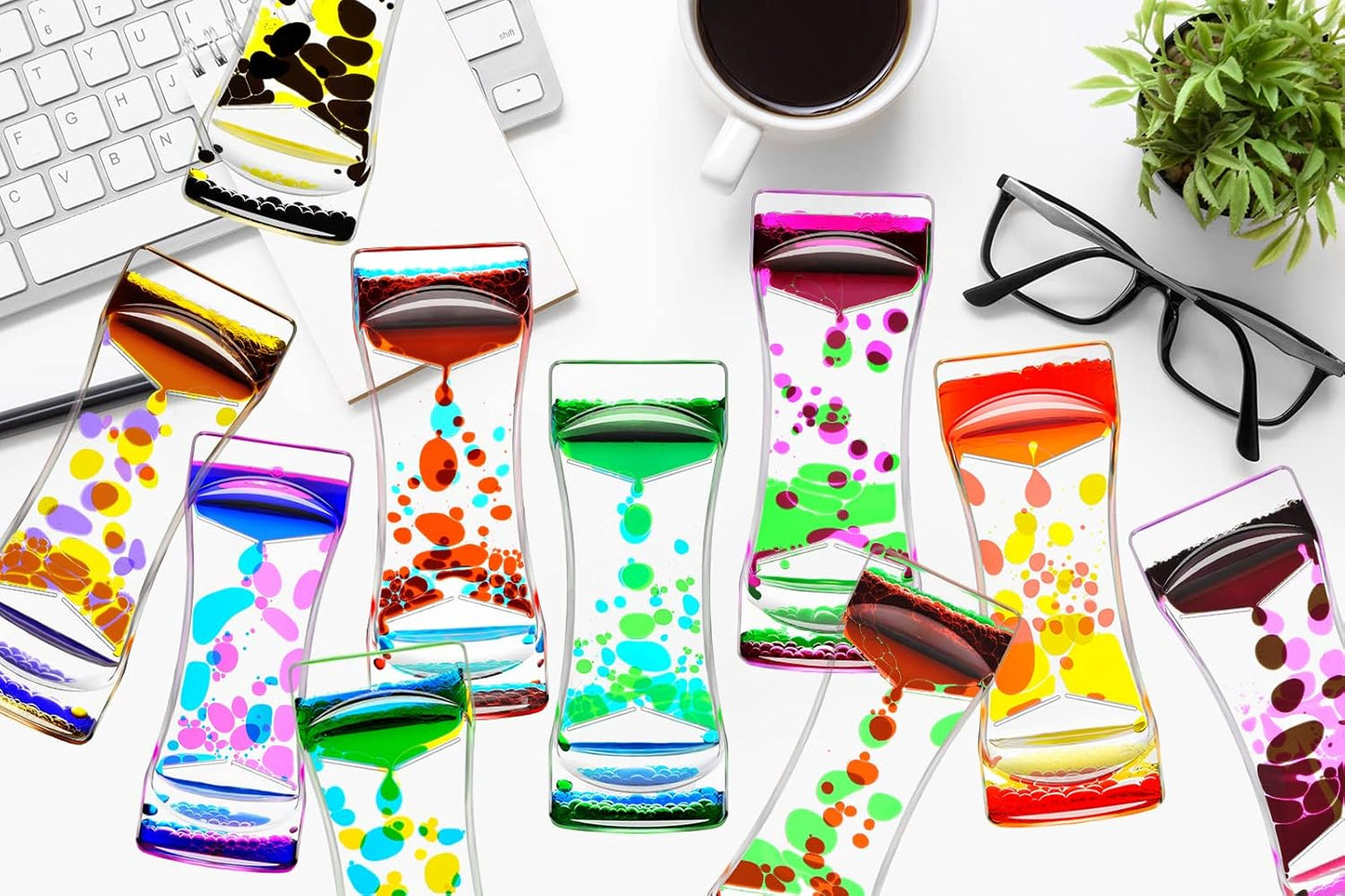 Liquid Motion Bubbler for Sensory Toys, Set of 10 Rainbow Color Fidget Timer Toy for Home Office, Oil Drop Water Hourglass Desk Toys for Autistic Relaxing Activity Holiday Stuffers