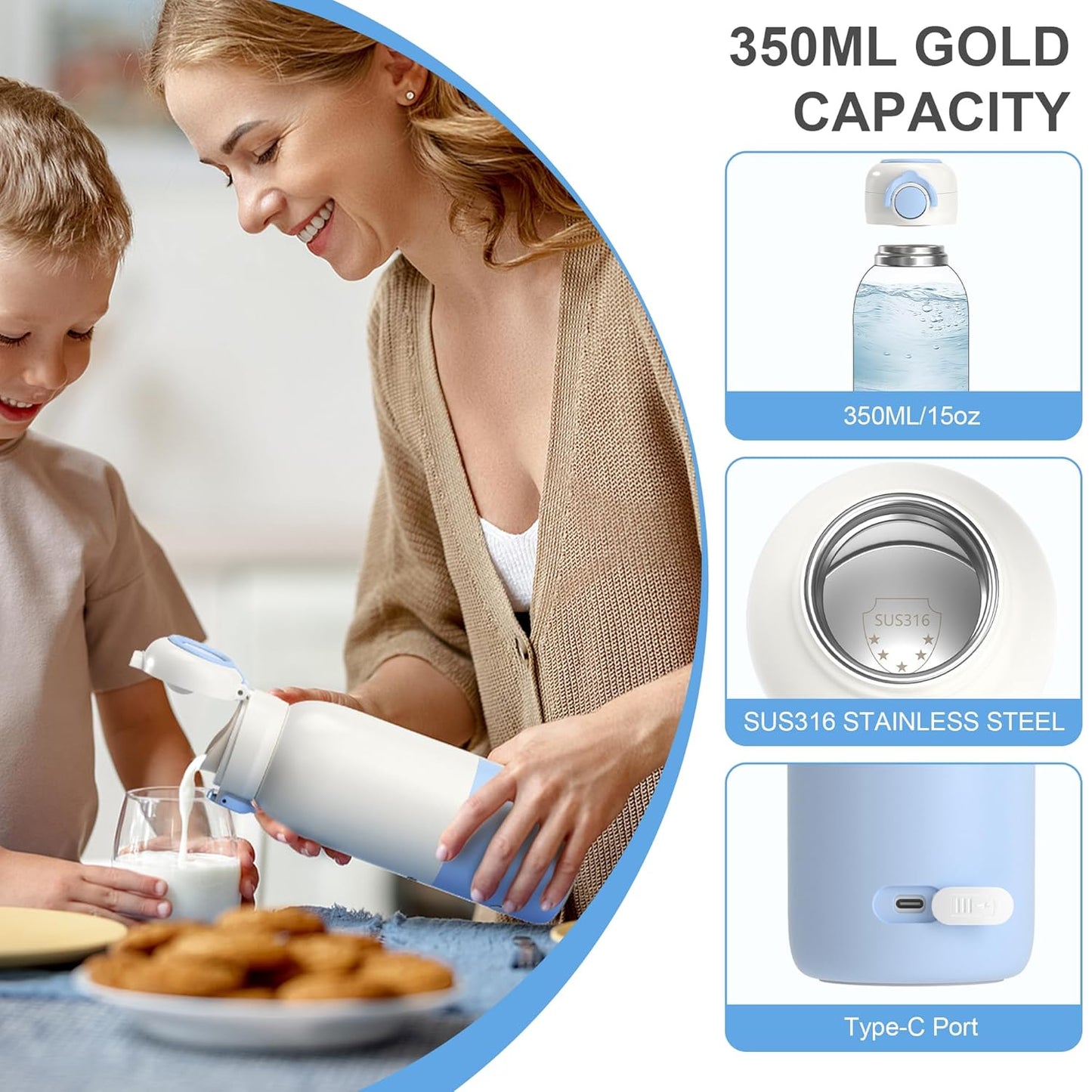 Portable Bottle Warmer for Travel,12.5oz Cordless Baby Milk Warmer on The go for Formula,Breastmilk,Water,3 Mins Fast Heating & Precise Temp Control Travel Essential