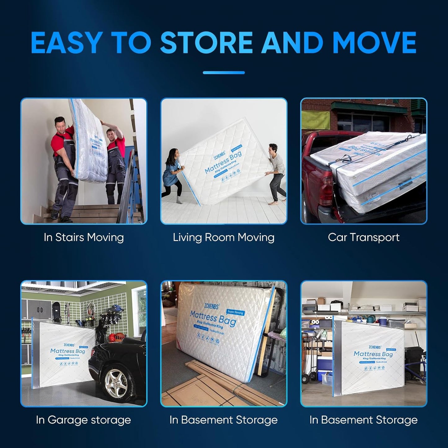 ZCHENBS® – Mattress Bags for Moving and Storage,Mattress Bag with Zippers,5 Mil Ultra-Thick Bed Bag,Waterproof,Anti-Tear,Heavy-Duty Mattress bag (Transaparent/Blue, King/California King-(2 Pack）)