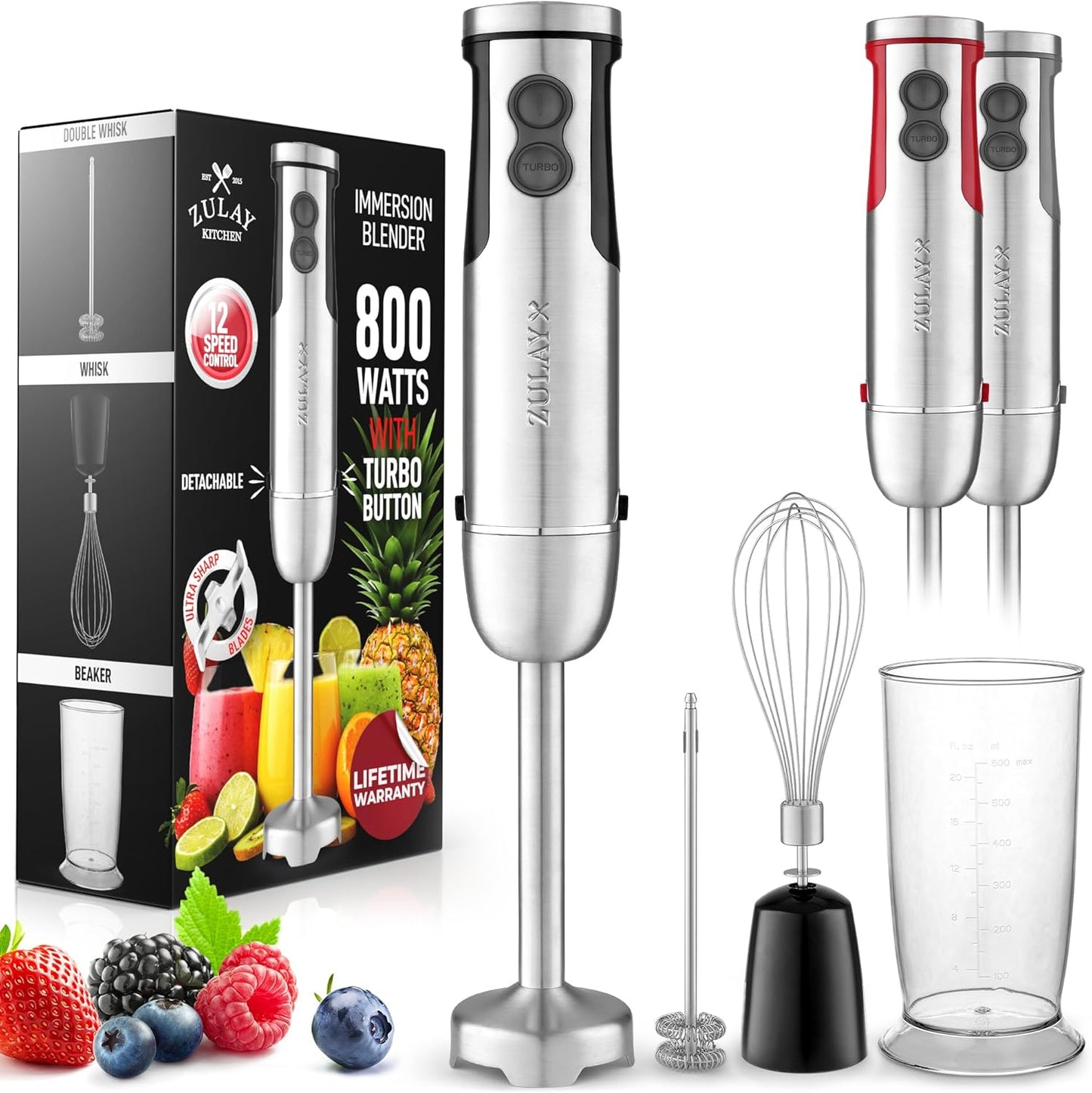 Zulay 4-in-1 Immersion Stick Mixer Hand Blender - 800 Watts, 12 Speeds, 5-ft Power Electric Cord, Handheld Portable, Stainless Steel Blades - With Whisk, Frother & Stick Blender Attachments - Black