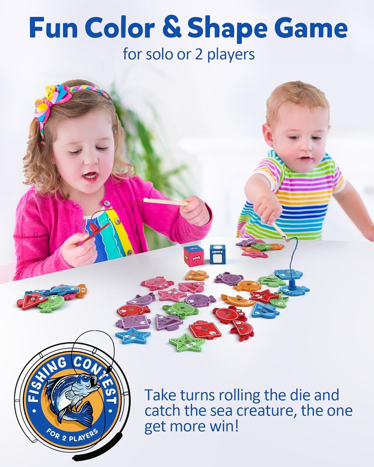 Coogam Montessori Toy for Toddlers, Fine Motor Skill Wooden Magnetic Fishing Game for Year Old Kids, Color and Shape Sorter for Age 3 4 5 Girls Boys Preschool Educational Gift