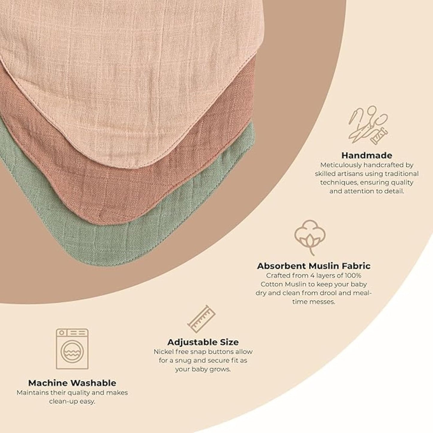 Crane Baby Soft Muslin Baby Bib Set, Adjustable and Absorbent Bandana Style Bibs for Boys and Girls, Rose, 3 Piece, 18.5” x 9”