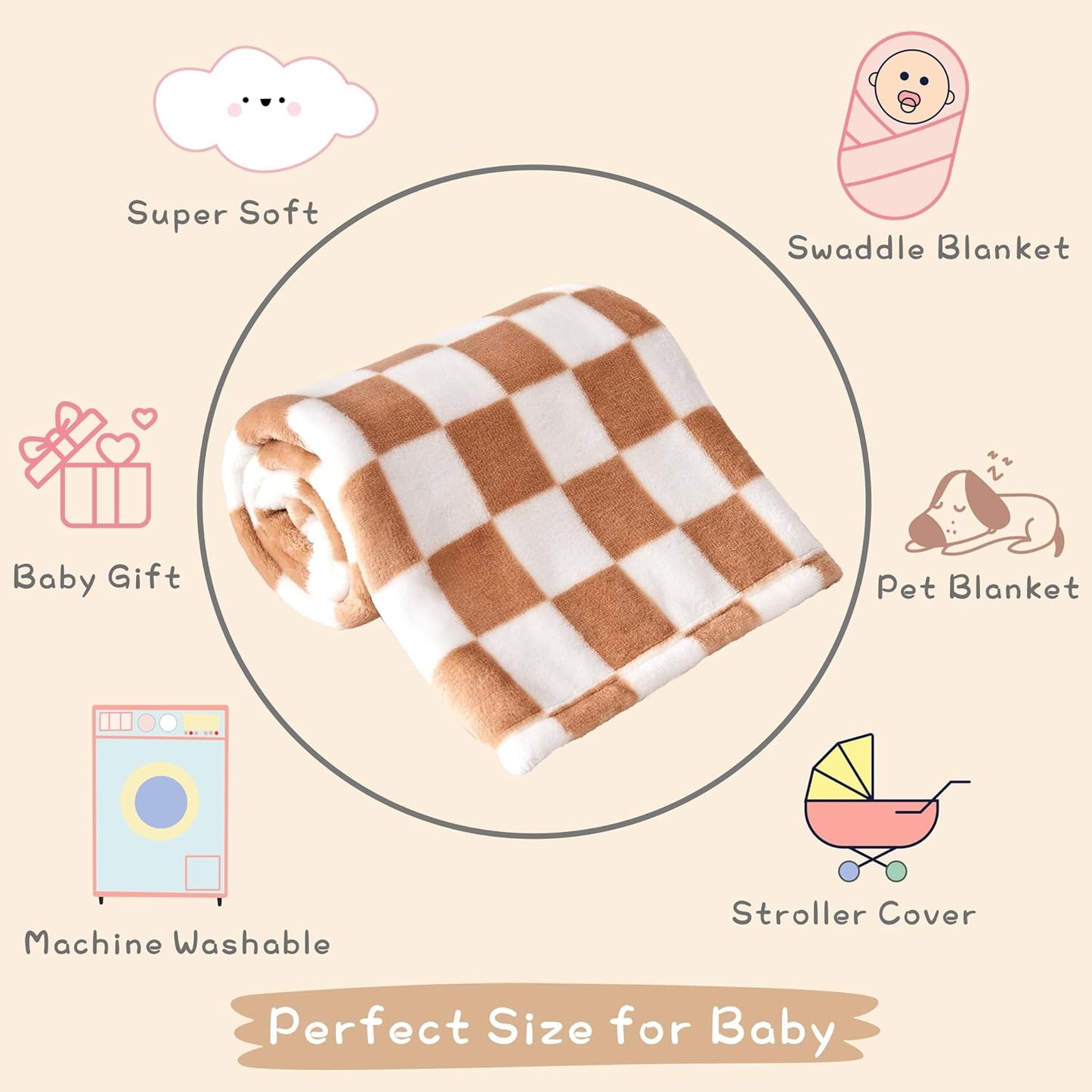 Yurhap Checkered Baby Blanket Fleece Baby Blankets Neutral for Boys Girls, Super Soft Warm Lightweight Infant Toddler Newborn Receiving Blankets for Crib Stroller, 30''x40'', Khaki