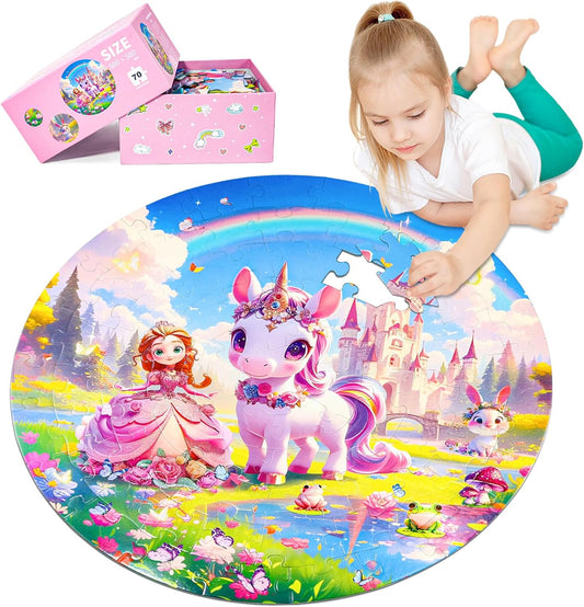 Floor Puzzles for Kids Ages 4-6, 70 Pieces Large Round Unicorn Princess Floor Puzzle Unicorn Jigsaw Puzzle Toy for 3 4 5 6 Toddler Girls - Educational Christmas, Birthday Gift