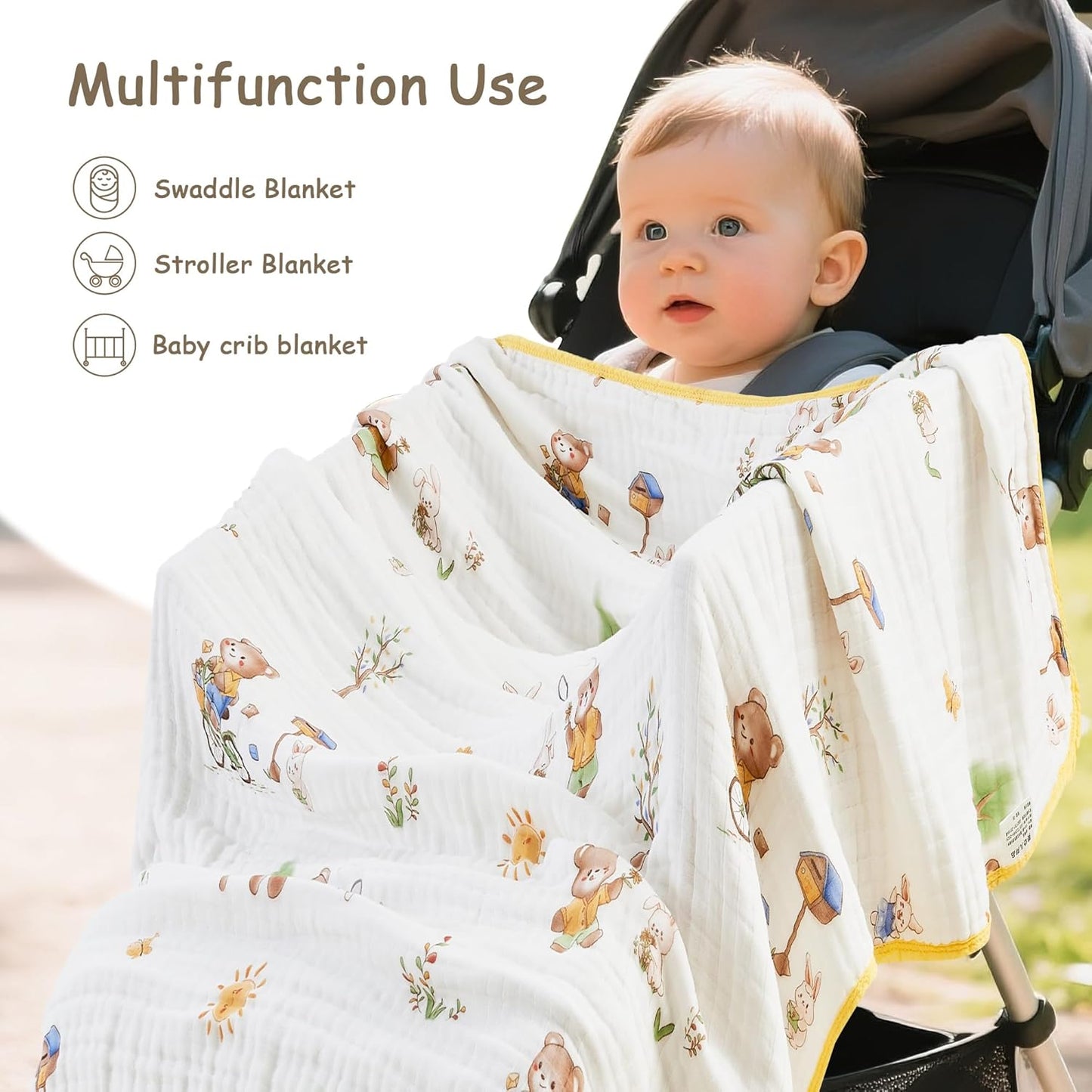Luxury Muslin Baby Blanket, Cozy Swaddle, 6-Layer Cotton Receiving Blanket for Newborn Infant, 43x43 Inch Lightweight Breathable Crib Blanket, Nursery Stroller Toddler Quilt, Bear Print