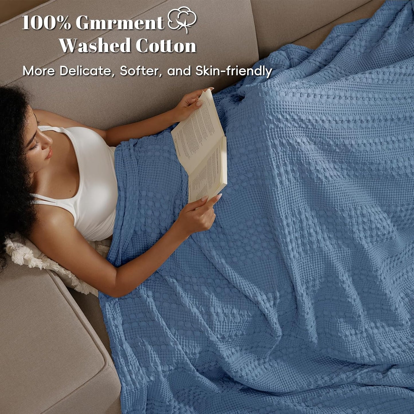 PHF 100% Cotton Waffle Weave Blanket Twin Size, Soft Lightweight Breathable Cozy Summer Blankets for Bed, Luxury Aesthetic Woven Bedding for Home Decor, 66"x90", Captain's Blue