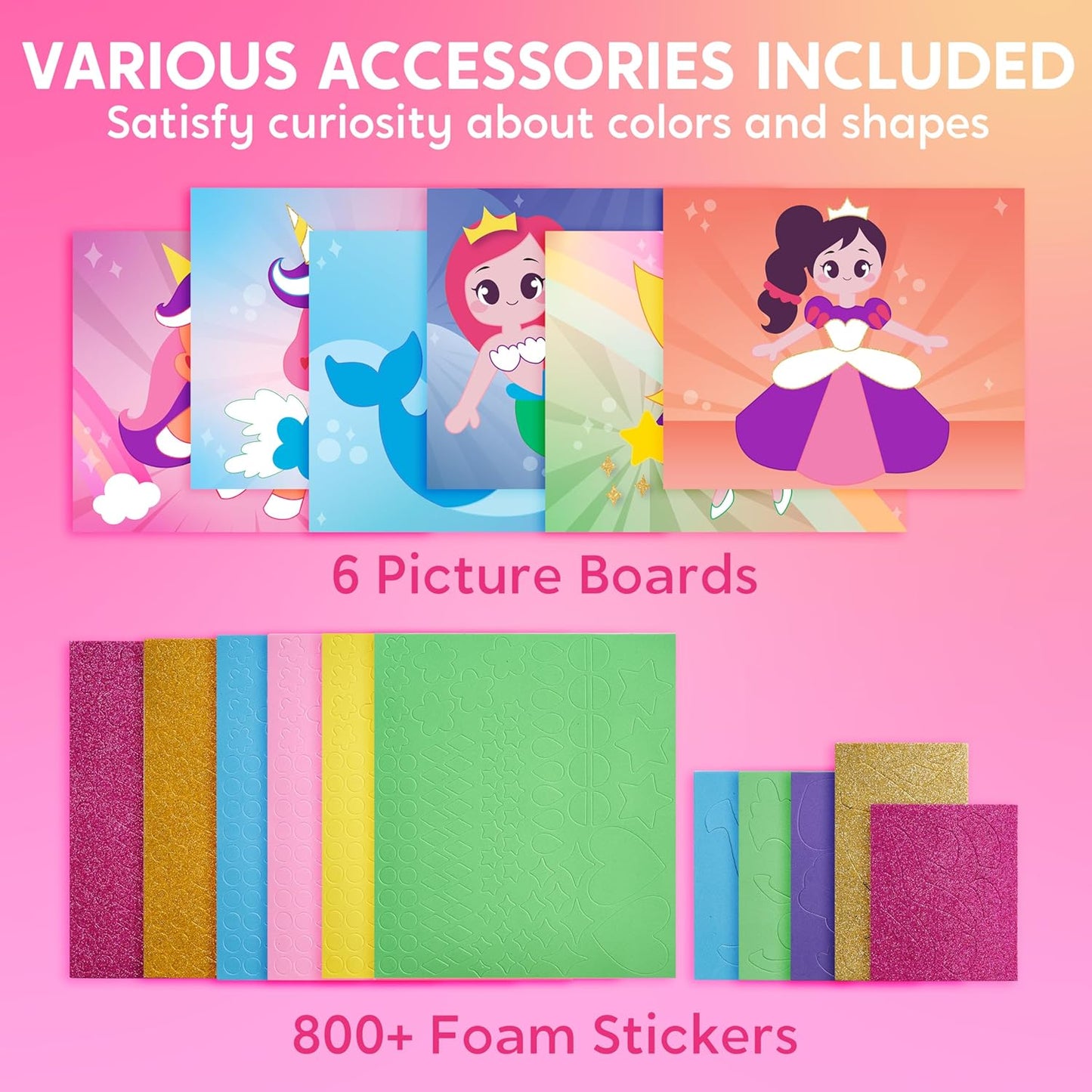Klever Kits Foam Art Kit for Kids, EVA Foam Stickers with 6 Art Board and 800+ Stickers, DIY Arts and Crafts for Boys Girls Age 3+, Unicorns & Princesses Birthday Gifts Travel Toy