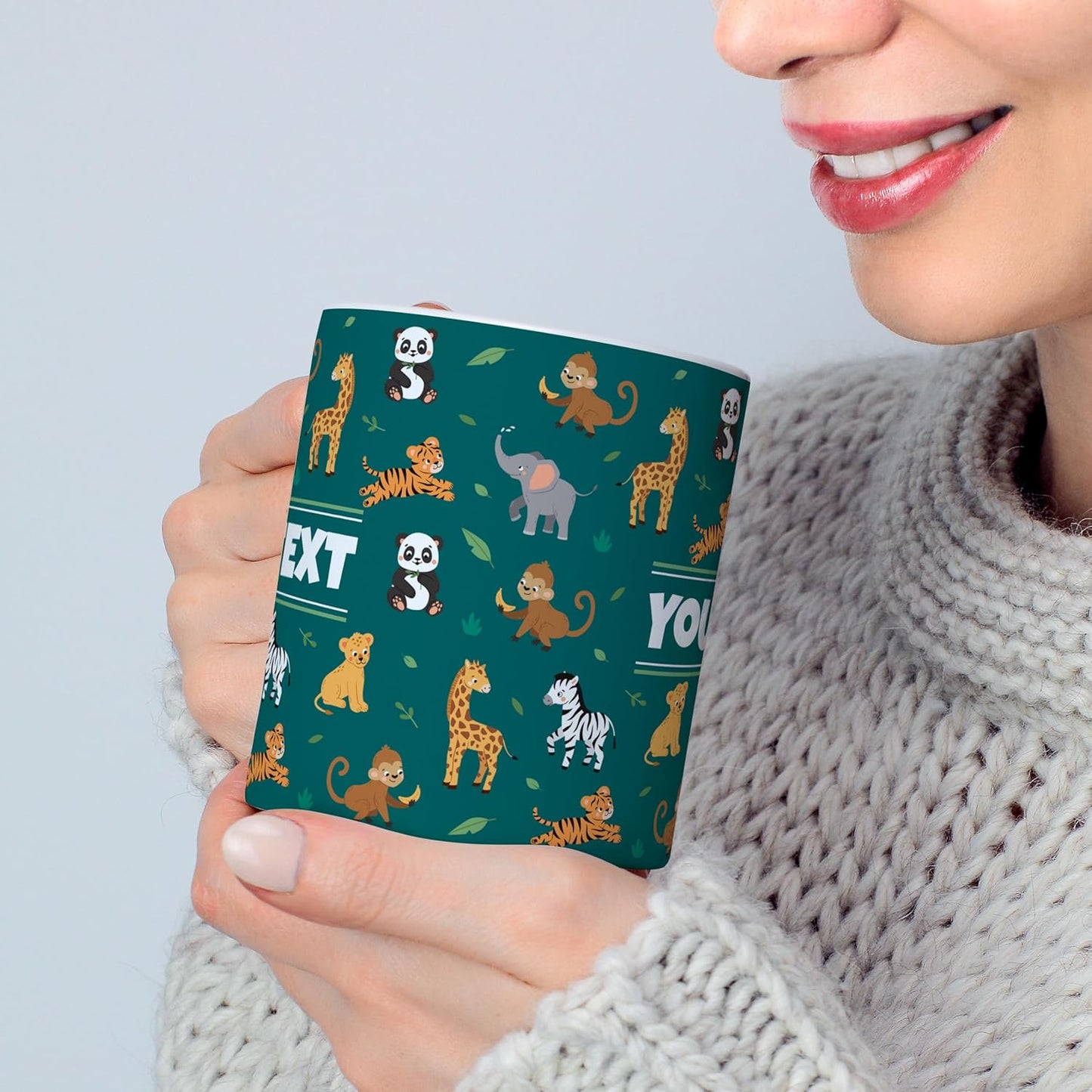 Personalized Mug for Kids - Zoo Animals - Custom Name/Text, Ceramic Hot Chocolate/Cocoa/Coffee Cup for Boys/Girls, Birthday/Christmas/Holiday Gift - 15 oz, Light Blue Handle