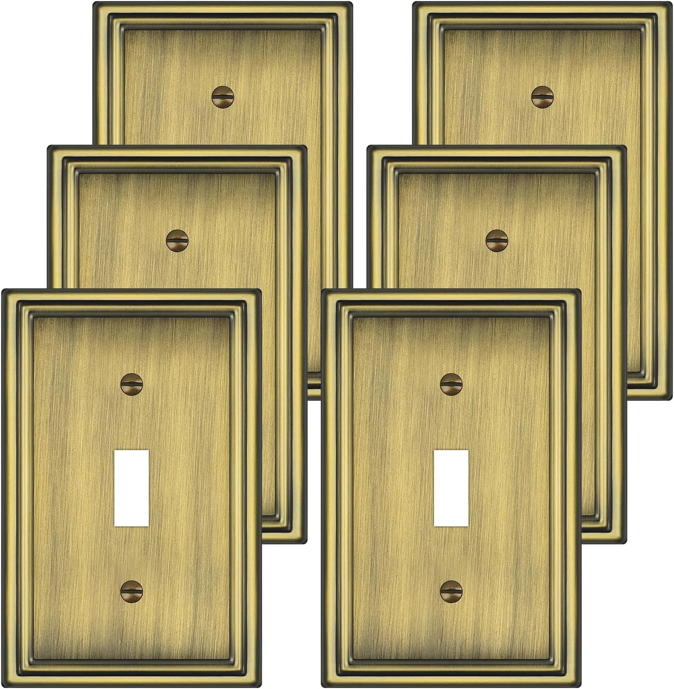 Antique Brass Decorative Light Switch Covers Plate, Metal Material 1 Gang Wall Plates for Light Switch, Single Toggle Switch Plate Cover - Classic Style, 6 Pack