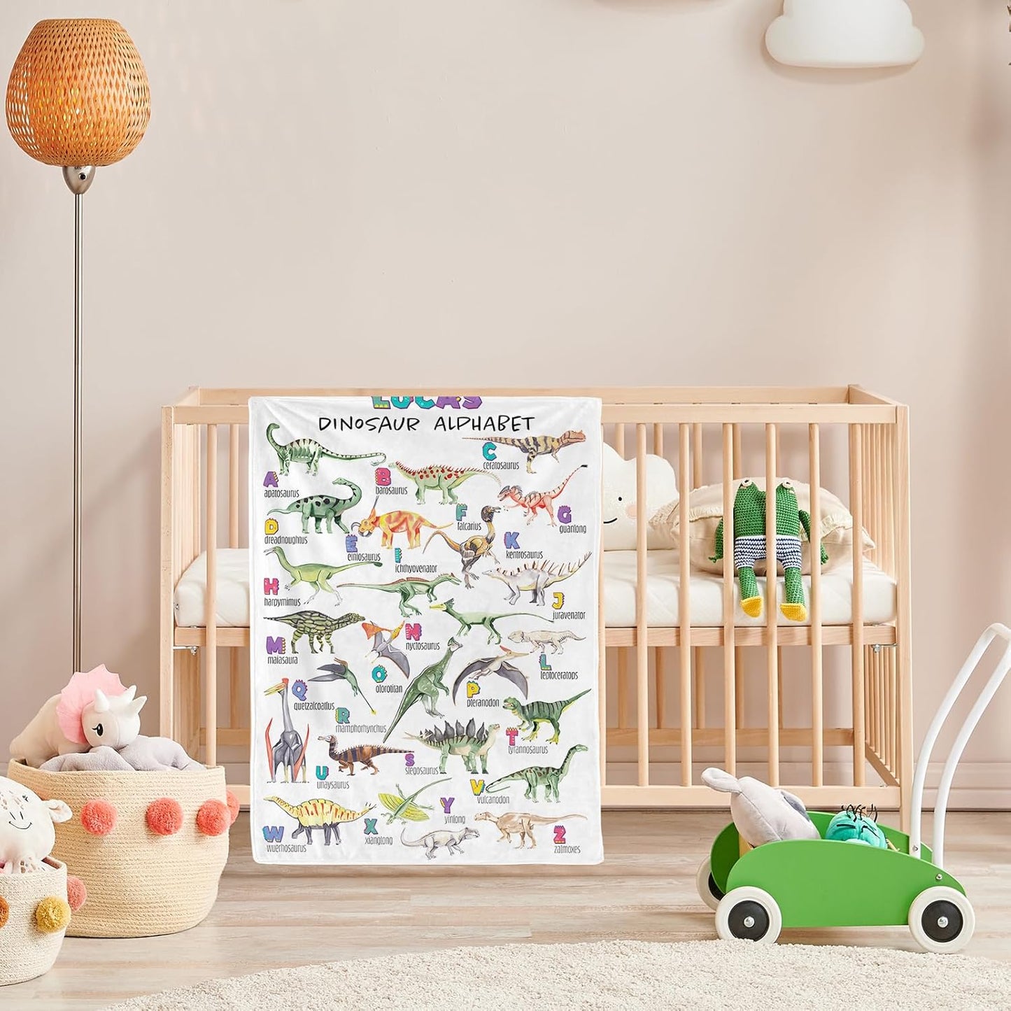 Personalized Dinasour Name Baby Blanket, Custom Cute Alphabet Name Blanket Toddler Boy Soft Flannne Swaddling Blankets Customized Monogram Memorial Gift from Nana for Infant Newborn Shower