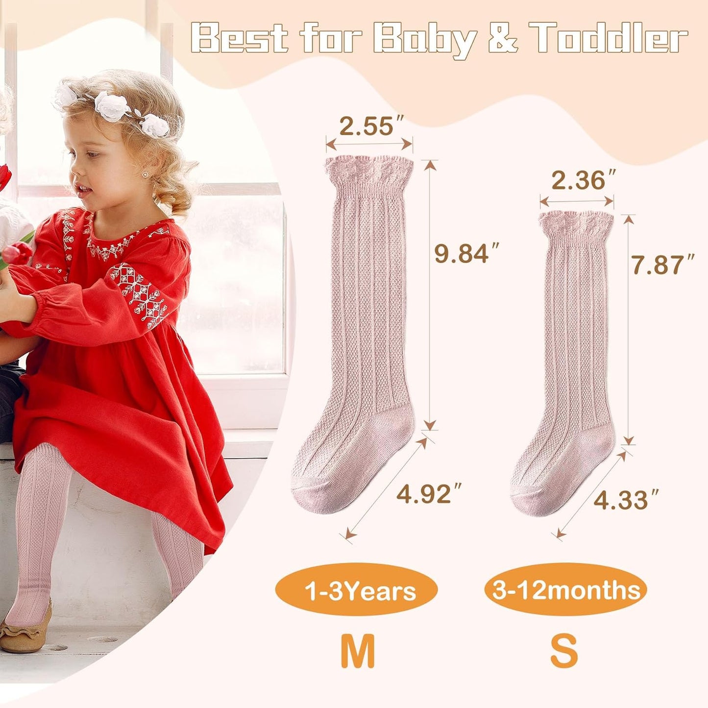 Zando Baby Knee High Socks - Infant to Toddler, Cotton Ruffle Socks, Warm Girls & Boys Long Stockings, 3-6 Pairs