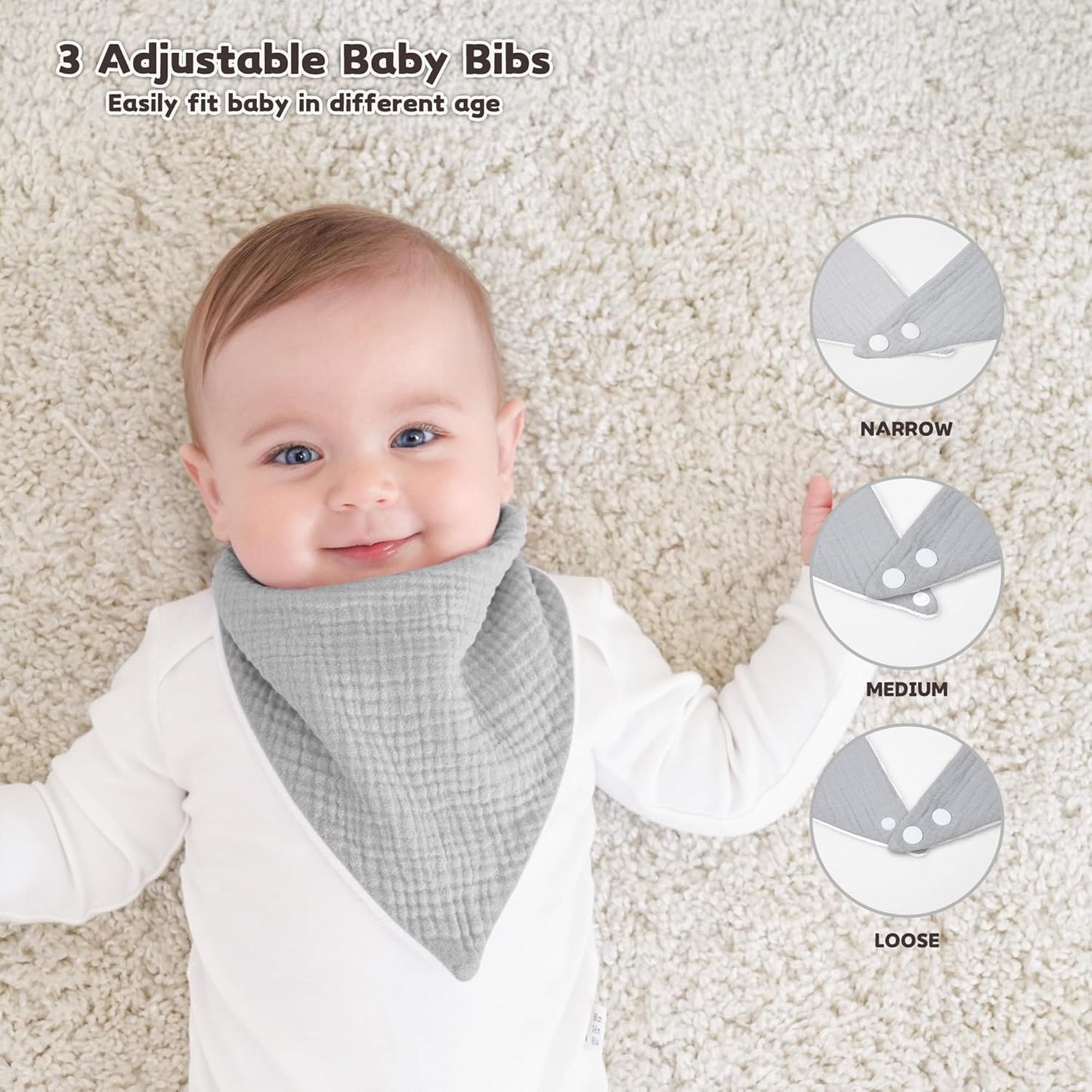 Susurration Muslin Baby Bibs 10Pack Baby Bandana Drool Bibs Soft Adjustable Newborn Bibs for Unisex Baby Girls & Boys (Greygreen)