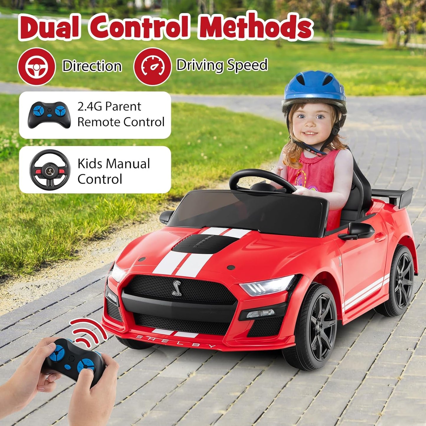 Costzon Ride on Car, 12V Licensed Ford Mustang Shelby GT500 Kids' Electric Vehicles w/Remote Control, USB Port, Radio, Music, Player, High Low Speed & Soft Start, Racing Kids Car for Toddlers (Red)