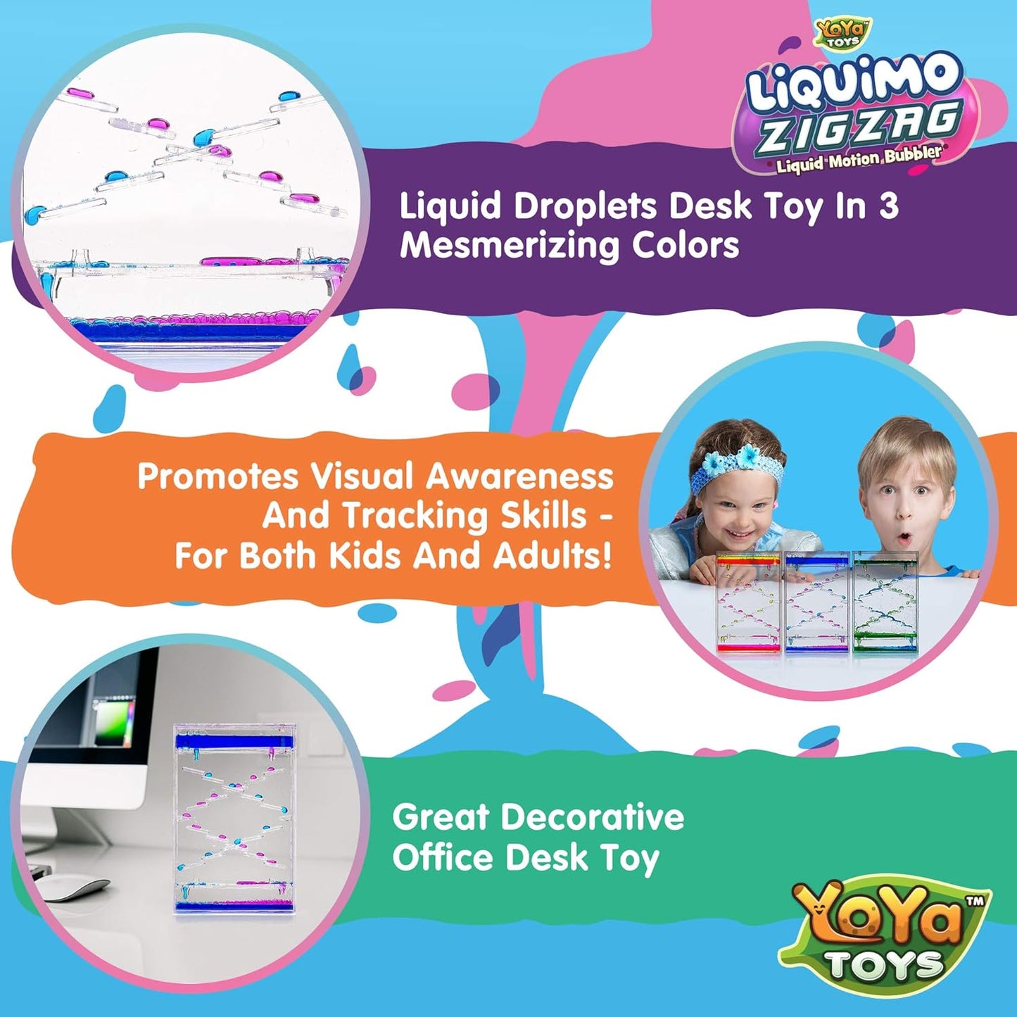 YoYa Toys Liquimo Liquid Zig Zag Motion Bubbler for Kids and Adults - Satisfying Toys for Stress and Anxiety Relief - Fidget Toy Can Be Used as a Colorful Kitchen Timer - 3 Pack