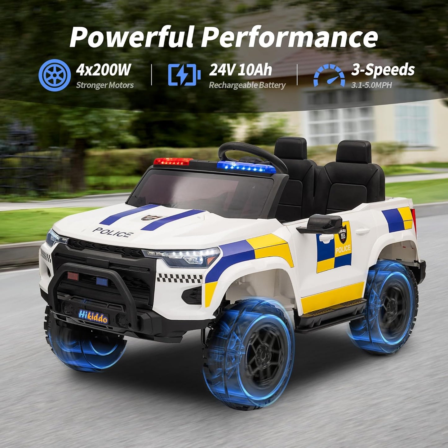24V 10Ah Electric Police SUV Car Ride-On Toy for Big Kids, 4WD 2-Seater w/Parental Remote Control, 5Mph Max Speed - White