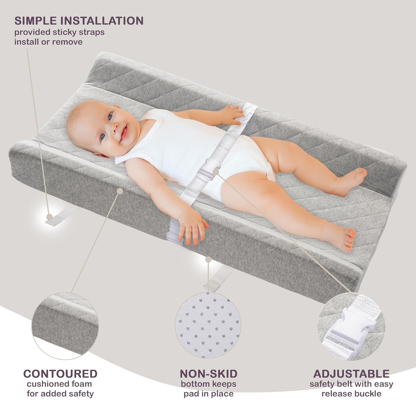 Organic Cotton Contoured Baby Changing Pad w/Waterproof Foam Mattress, Includes Soft, Removable & Washable Cover, Safety Strap, Non-Slip Bottom, Topper for Standard Size Infant Diaper Table & Dresser