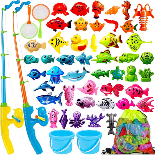 CozyBomB™ Magnetic Fishing Toys Game Set for Kids | Water Table Bathtub Kiddie Pool Party & Pole Rod Net, Plastic Floating Fish Toddler Color Ocean Sea Animals Birthday Age 3 4 5 6 Year