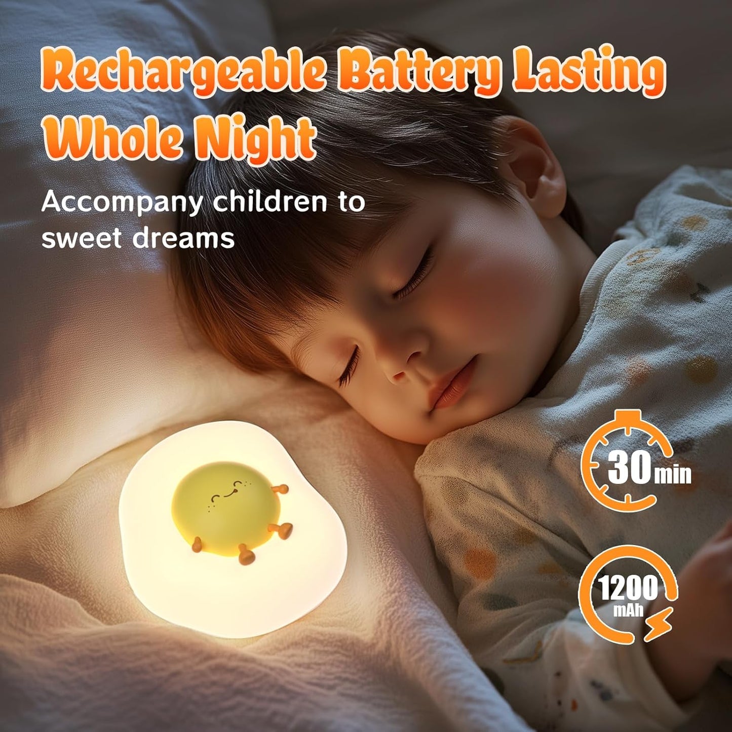 Fried Egg Night Light for Toddler, Kids, Baby, Nursery Warm Ambient Lamp for Snoothing, Sleeping Companion, Auto Off 30Min Timer, Rechargeable Battry Cordless, Soft Silicone Skin