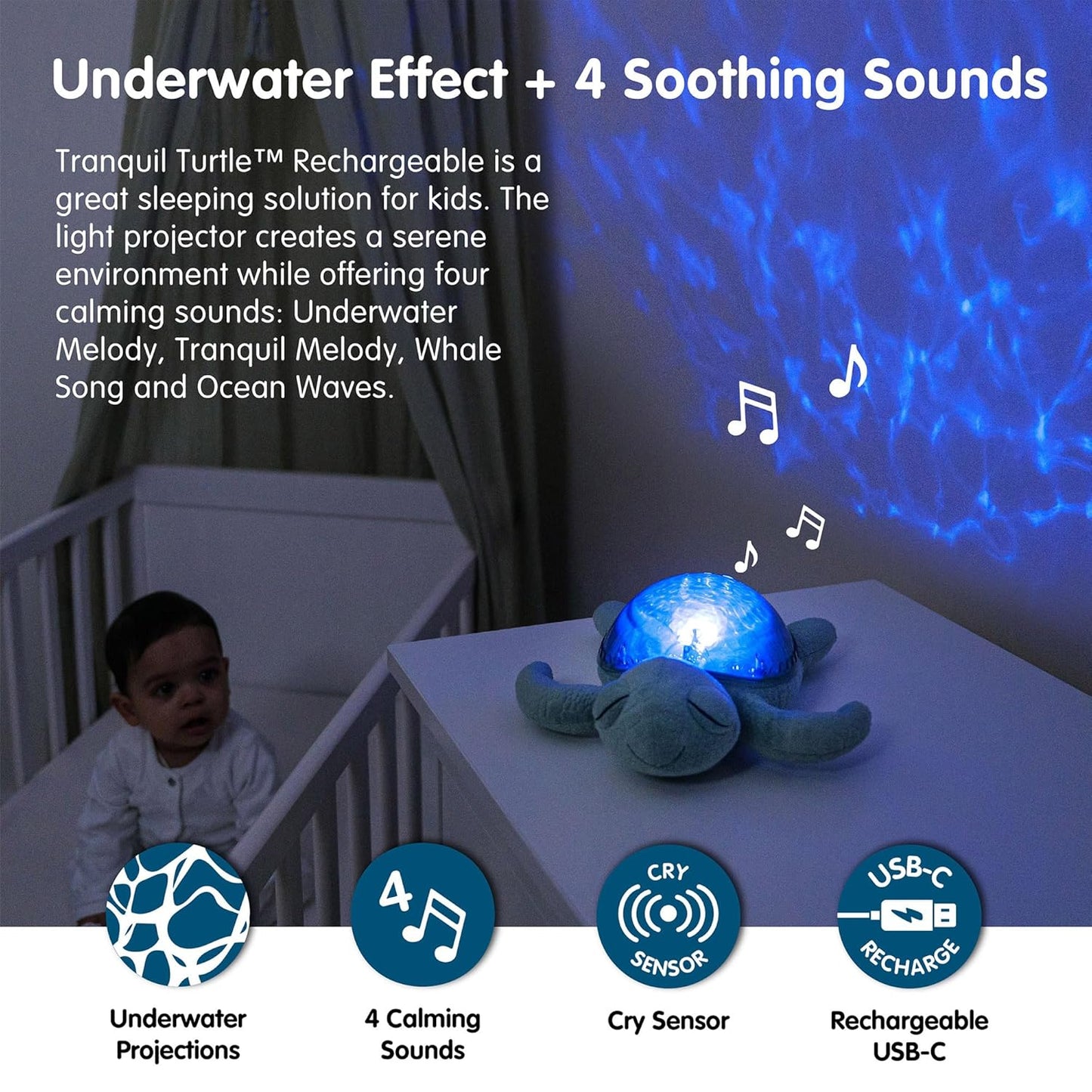 Cloud b Ocean Projector Nightlight with 2 White Noises & 2 Soothing Sounds | Adjustable Settings | Cry Sensor | Tranquil Turtle - Green (Rechargeable)
