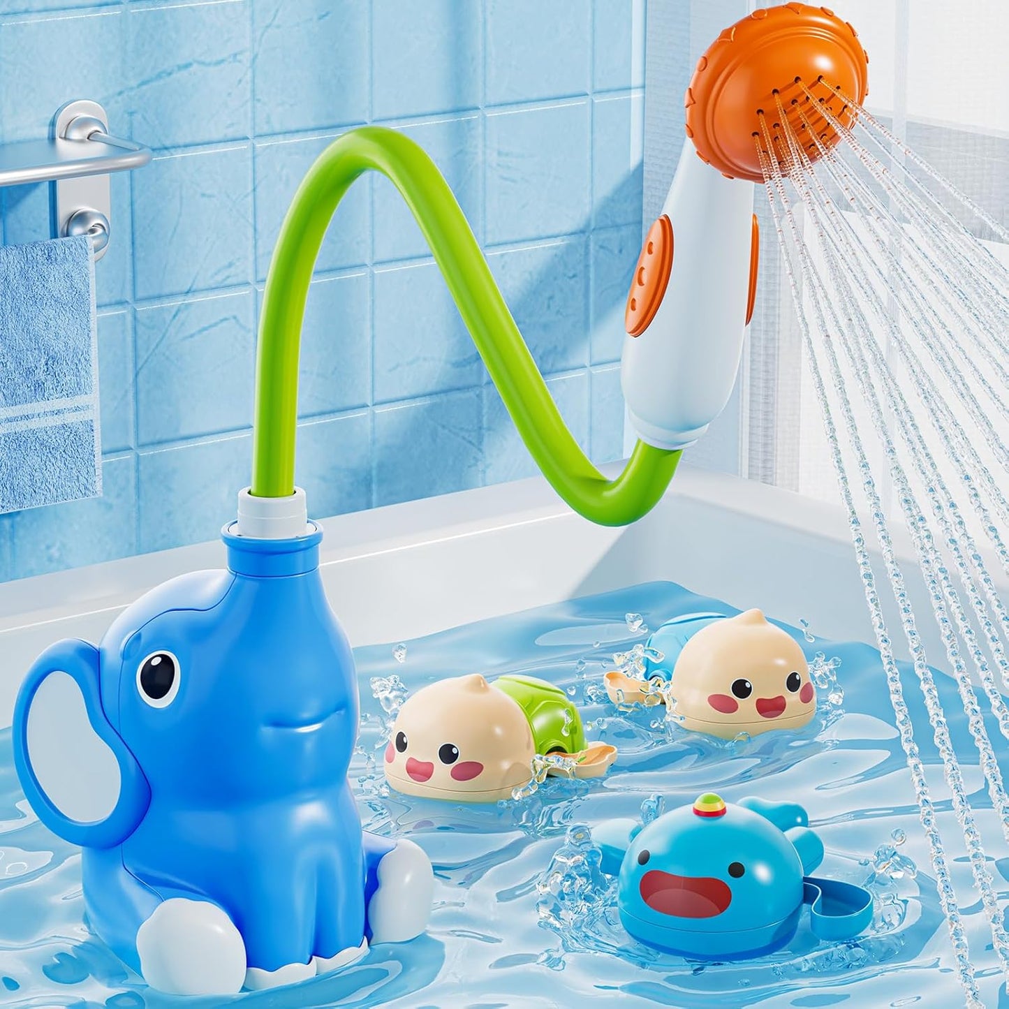 Baby Bath Shower Head Toys for Kids, Bath Toys for Infants with Elephant Water Pump for Kids 2-4, 3 Pack Wind-up Pool Toys for Kid, Bathtub Toys 18-24 Months Toddlers Boys Girls