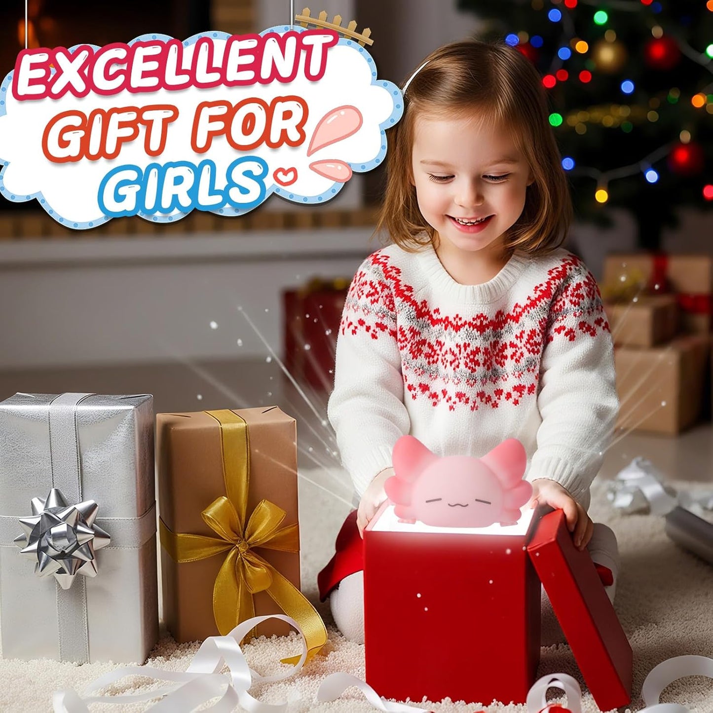 LOVERUIS Axolotl Kids Night Light Axolotls Gifts Night Lights for Kids Colorful Light with 1/3 Hours Timer Cute Nursery Night Lamp Girl Decoration Room