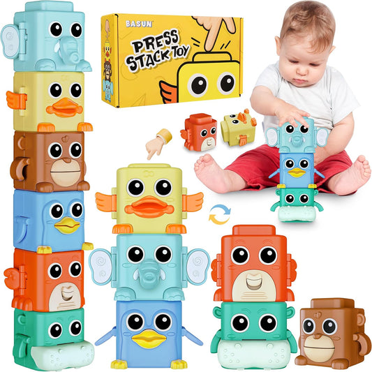 Stacking Toys Set for Toddlers 18+ Months, 6 in 1 Infant Sensory Toys with Changing Expressions, Pressable Animal Stacking Blocks, Christmas Birthday Gifts for 1 2 3 4 Years Old Baby Boys Girls