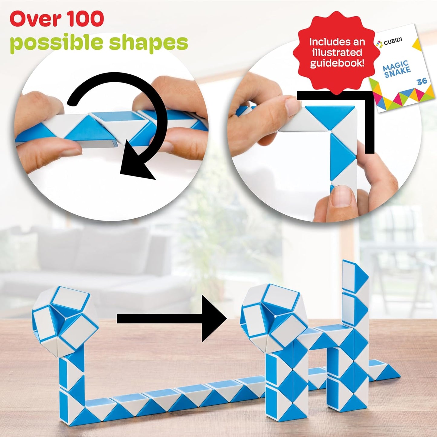 CUBIDI® Magic Snake Cube | Fidget Snake Toy for Kids | Travel Toys for Kids Ages 4-8 | Great Gift for Boys and Girls Birthday, Christmas, Stocking Stuffers - 36 Blocks | 0.9 inch x 0.7 inch | Blue