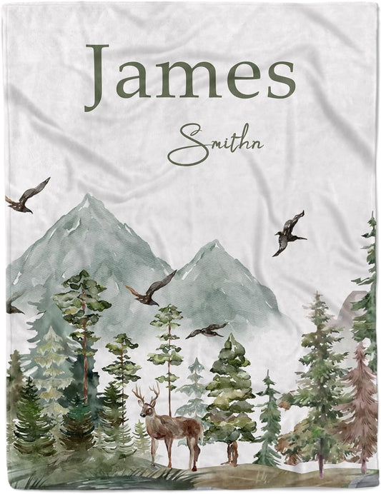 Personalized Woodland Baby Blanket with Name Custom Name Blanket for Boy Newborn Expect Mom Customized Gifts for Baby Shower Birthday Christmas