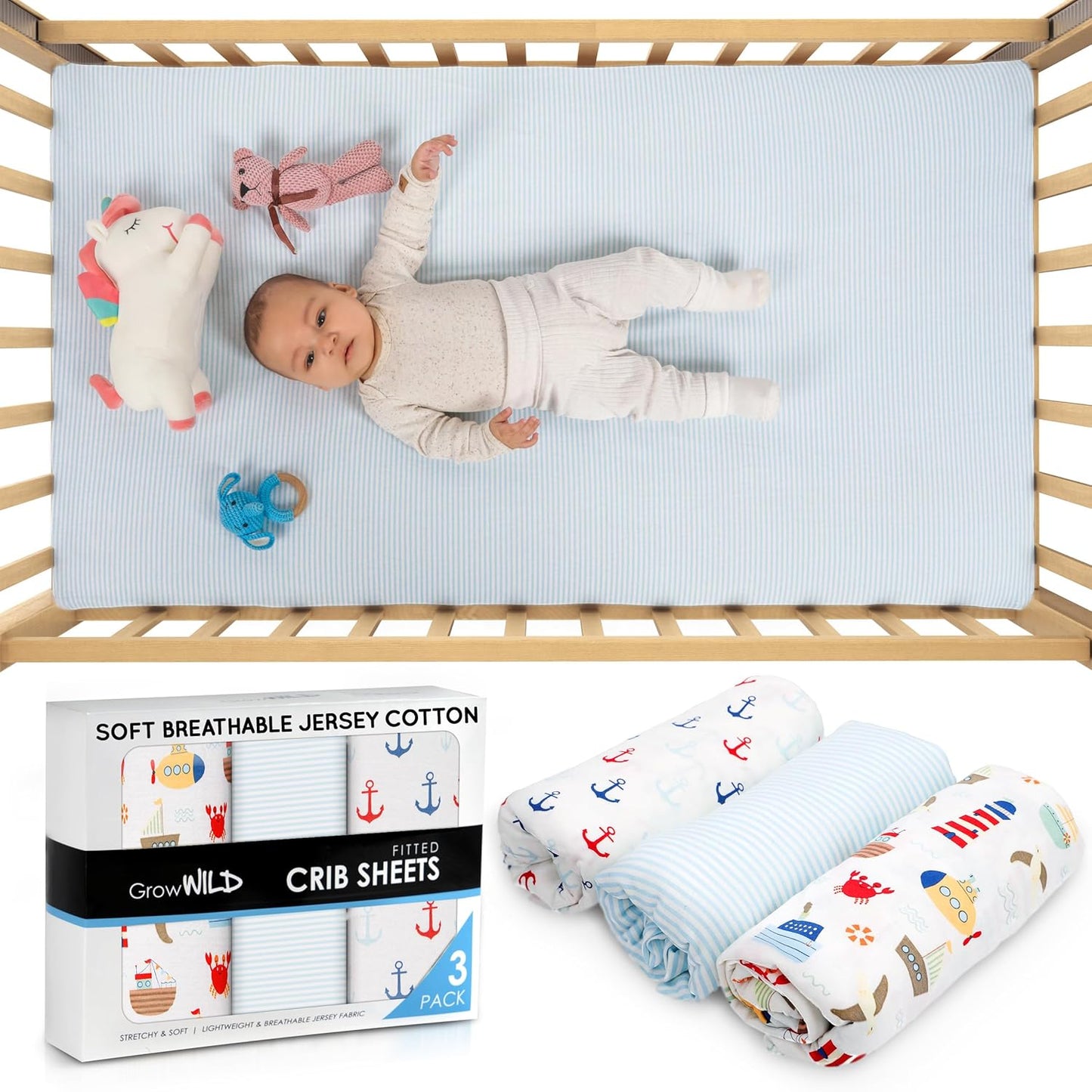 GROW WILD Nautical & Ships Baby Crib Sheets for Boys (3 Pack) - Jersey Knit Fitted Sheet (52" x 28"), Toddler Bedding Set & Baby Boy Crib Bedding Set, Anchors and Ships with Stripes