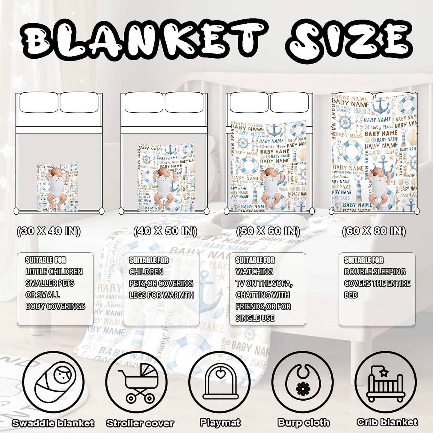 Ship Next Day, Personalized Baby Blanket – Printed in USA, Custom Baby Blanket for Boys & Girls, Baby Blanket with Name, Baby Shower, Easter, Christmas, Birthday Newborn & Toddler Gifts (Style 06)