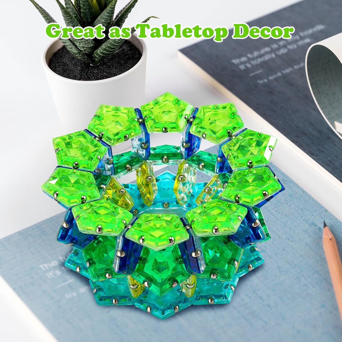 RoomyRoc Magnetic Fidget Sphere - Pentagons Magnets Balls - 12 Piece Set - Crystal Bright Green - Magnet Fidgets Toy - Creativity Beyond Imagination, Inspirational, Recreational, Desk Toys for Adults