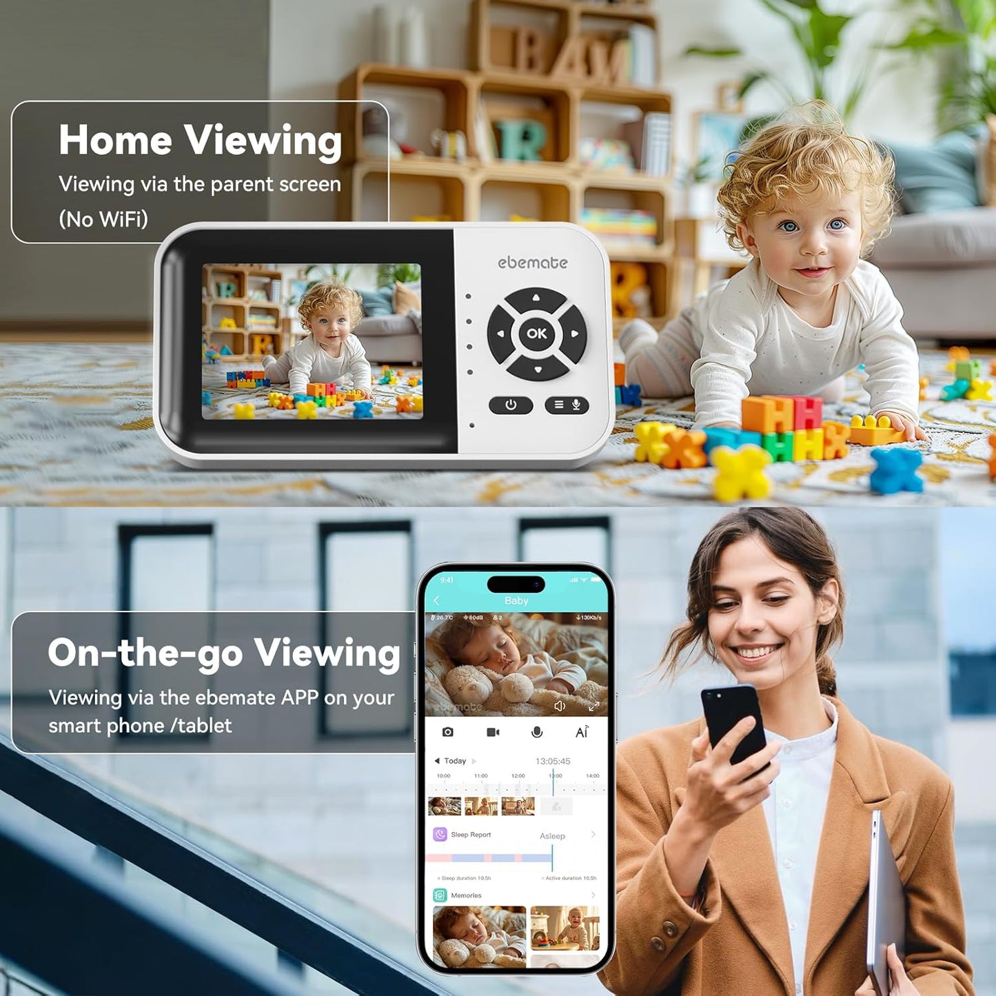 ebemate WiFi Video Baby Monitor,2.8" Display with 1080P Camera,No Glow Night Vision,2-Way Talk & 1500Ft Long Range,WiFi On/Off Cam Baby Monitoring EBS28