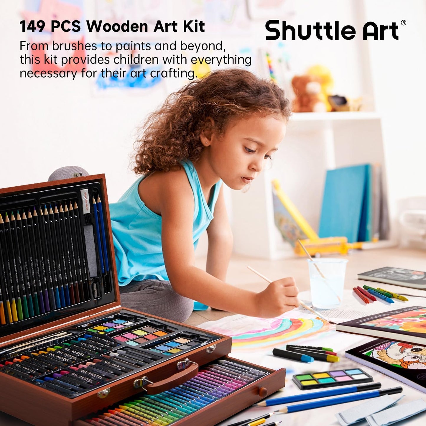 Shuttle Art 149 Piece Deluxe Art Set, Art Supplies in Wooden Case, Painting Drawing Art Kit with Crayons Colored Pencils Oil Pastels Watercolor Cakes Coloring Book Sketch Pad for Kids Adults
