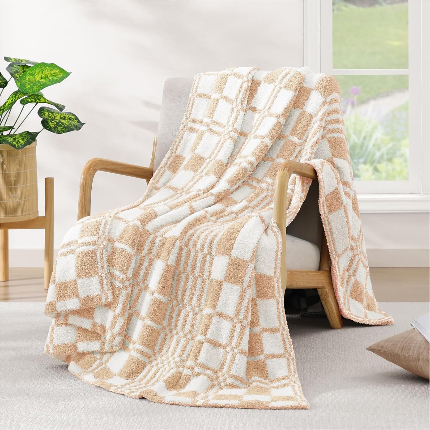 WRENSONGE Checkered Throw Blanket Toast Almond Soft Cozy Fluffy Warm Hand Made Weave Throw Blankets for Couch, Sofa, Chair, Bed, Camping, Picnic, Travel Lightweight Bed Blanket - 60"*80"