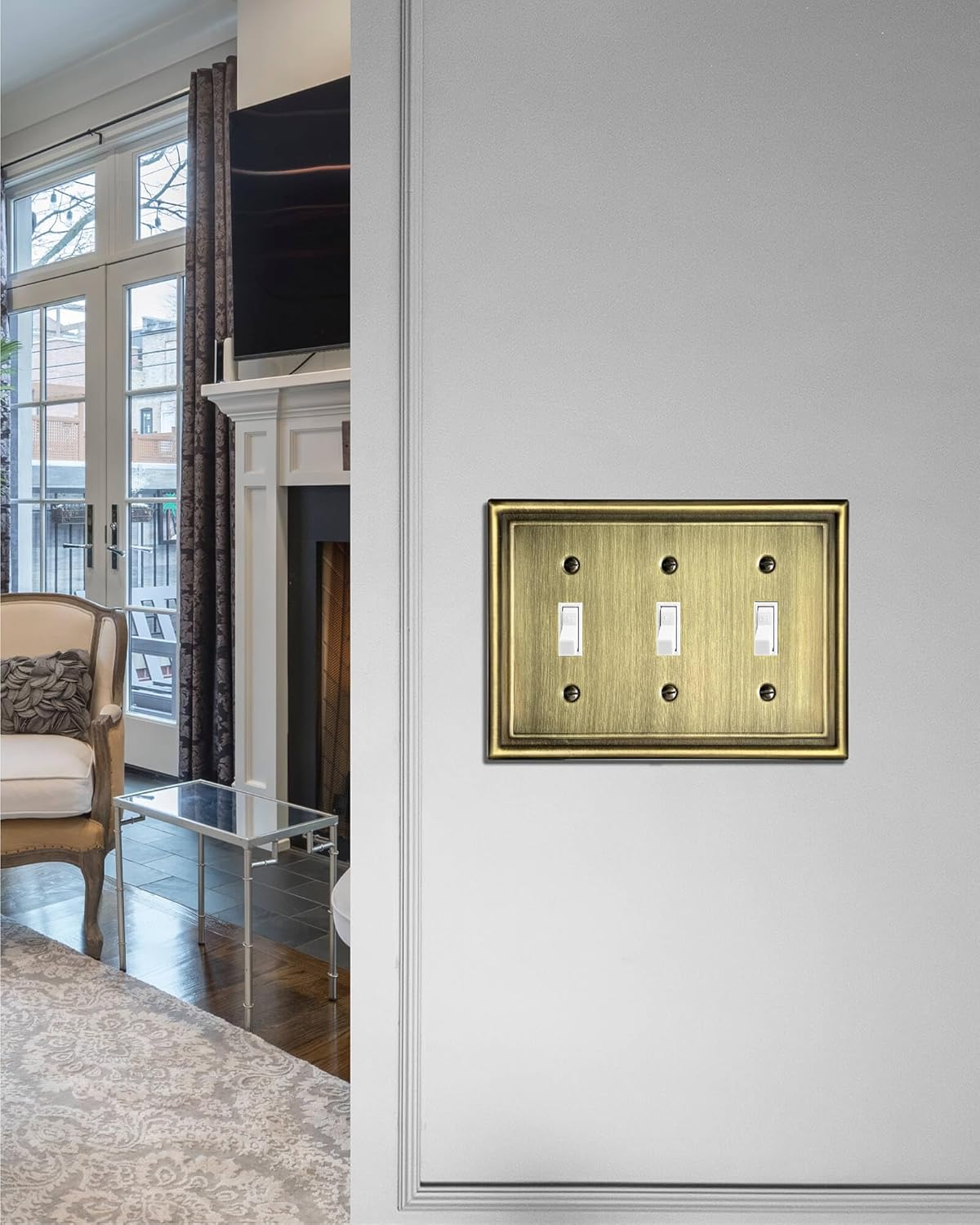Triple Toggle Wall Plates, Metal Light Switche Covers, Antique Brass, 3-Gang, 2 Pack