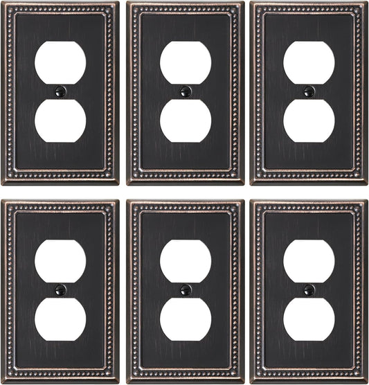 6-Pack Duplex Outlet Cover Plate, Aged Bronze Metal Wall Plates for Electrical Outlets, 1 Gang Receptacle Light Switch Cover, Pearls Decorative Switch Plates and Outlet Covers