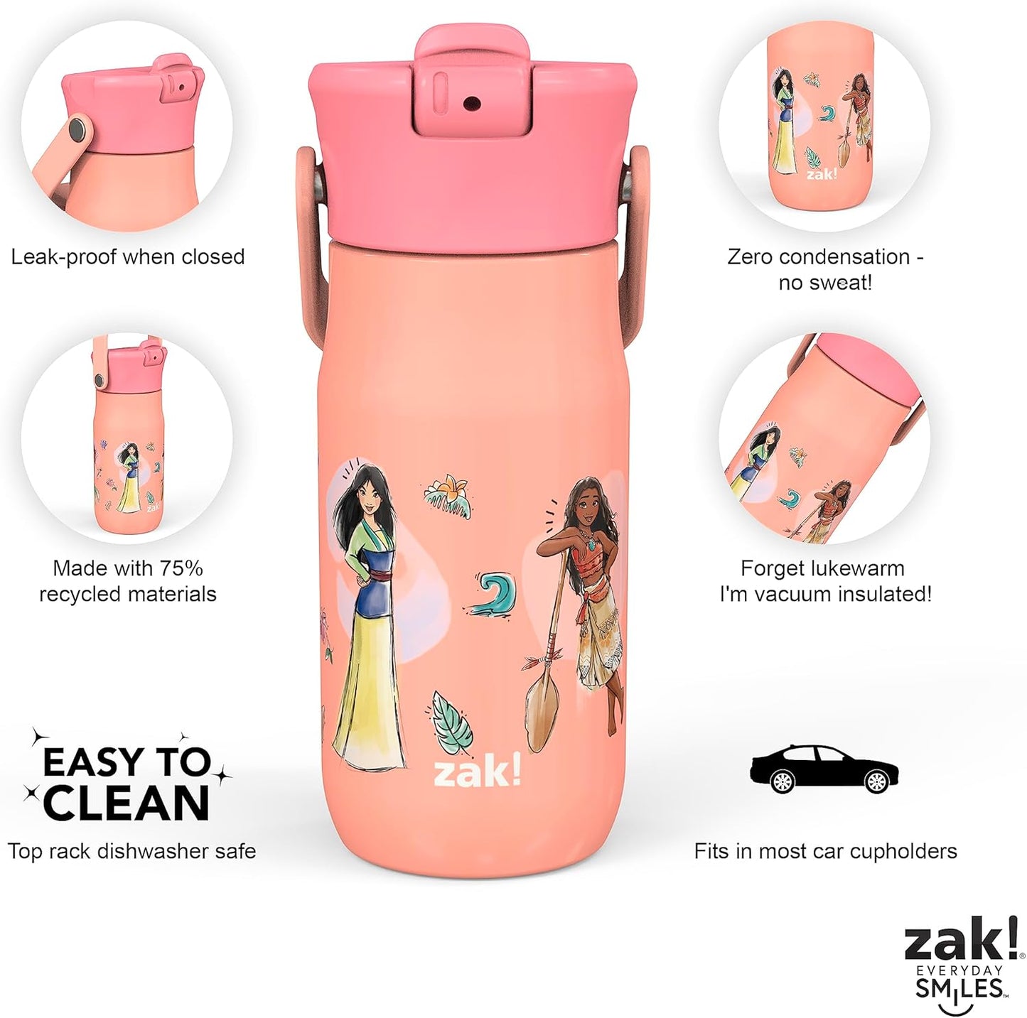 Zak Designs Harmony Disney Princess Kid Water Bottle for Travel or At Home, 14oz Recycled Stainless Steel is Leak-Proof When Closed and Vacuum Insulated (Ariel, Mulan, Moana, Cinderella)
