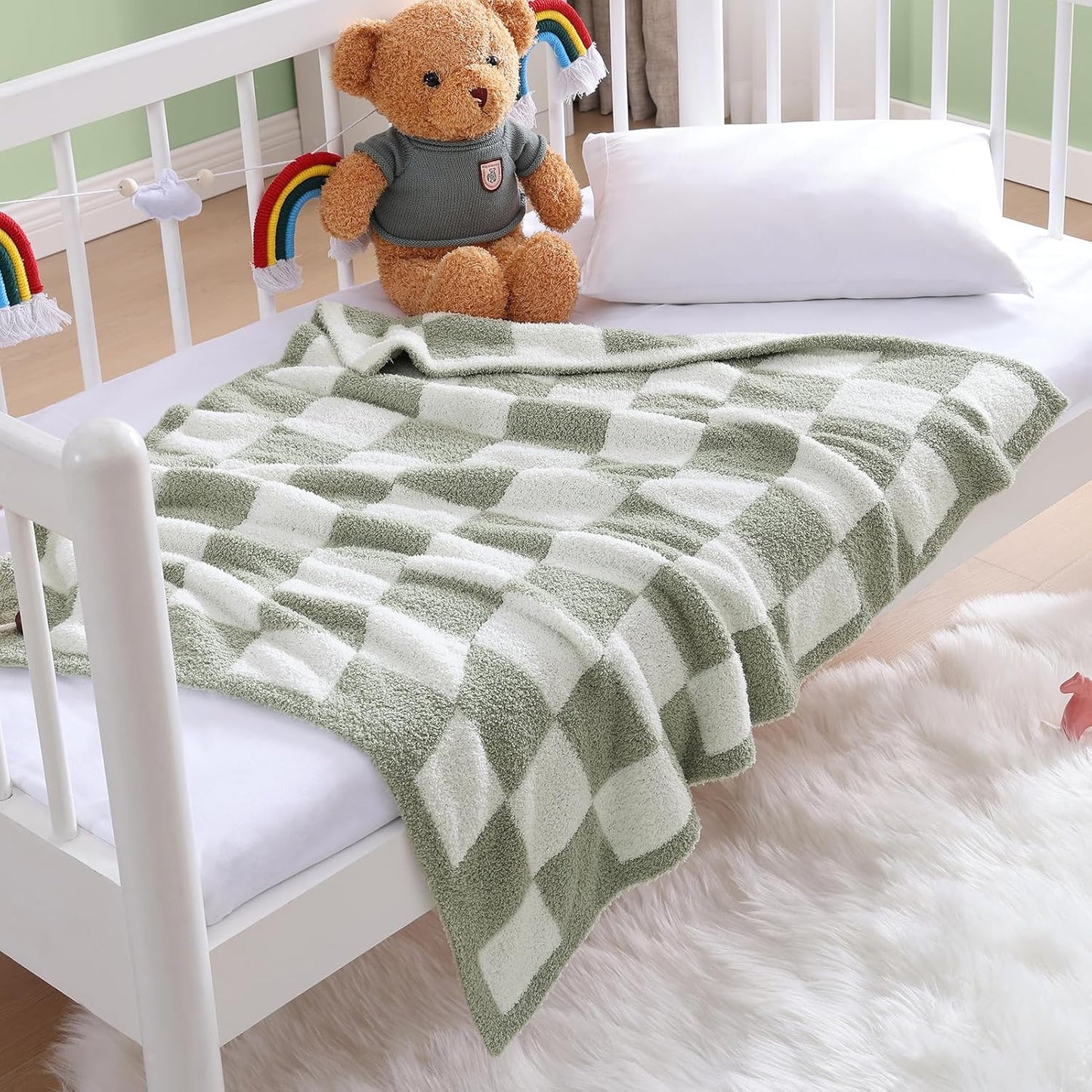 WRENSONGE Checkered Throw Blanket, Sage GreenSoft Cozy Fluffy Warm Hand Made Throw Blankets for Couch, Sofa, Chair, Bed, Camping, Picnic, Travel Lightweight Bed Blanket - 30"*40"