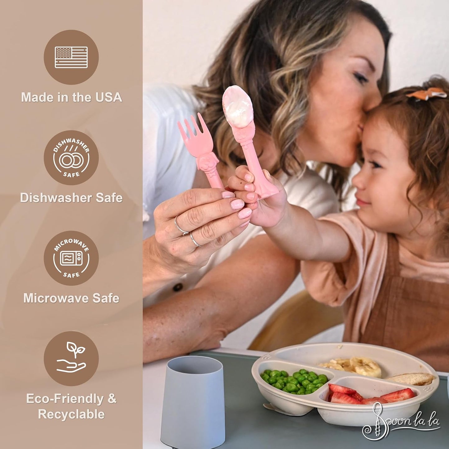 Made in USA Spoon la la Toddler Utensils Set - 6 Pack (3 Spoons & 3 Forks for Kids) - Self-Standing 3D Ergonomic Cat & Dog Handles - BPA-free, Dishwasher Safe, Baby Silverware (Pink, Yellow, Mint)