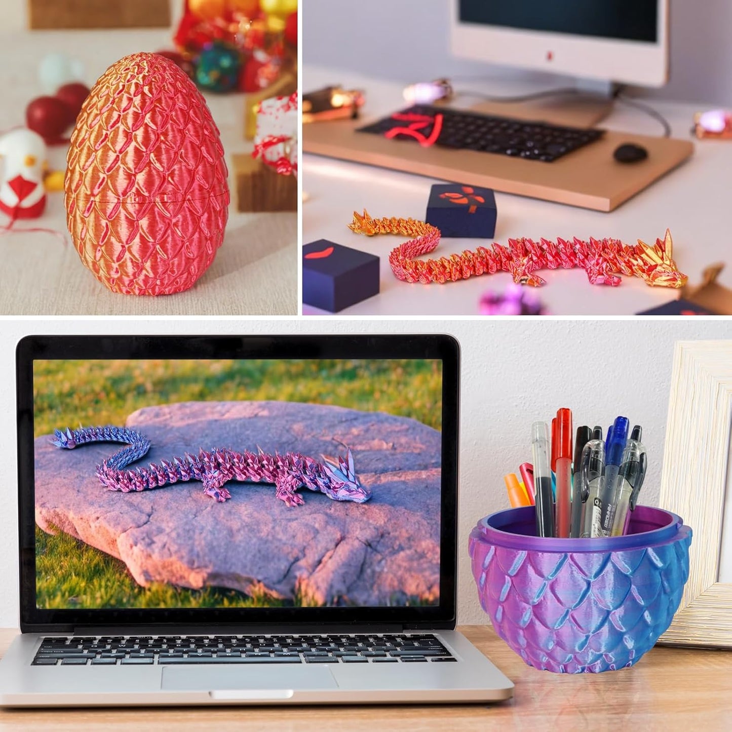Large Dragon Eggs with Dragon Inside, 3D Printed Surprise Funny Gifts for Kids, Articulated Dragon Fidget Toys for Adults, Executive Desk Toys Office Room Décor (Gradient Light Purple-Red)