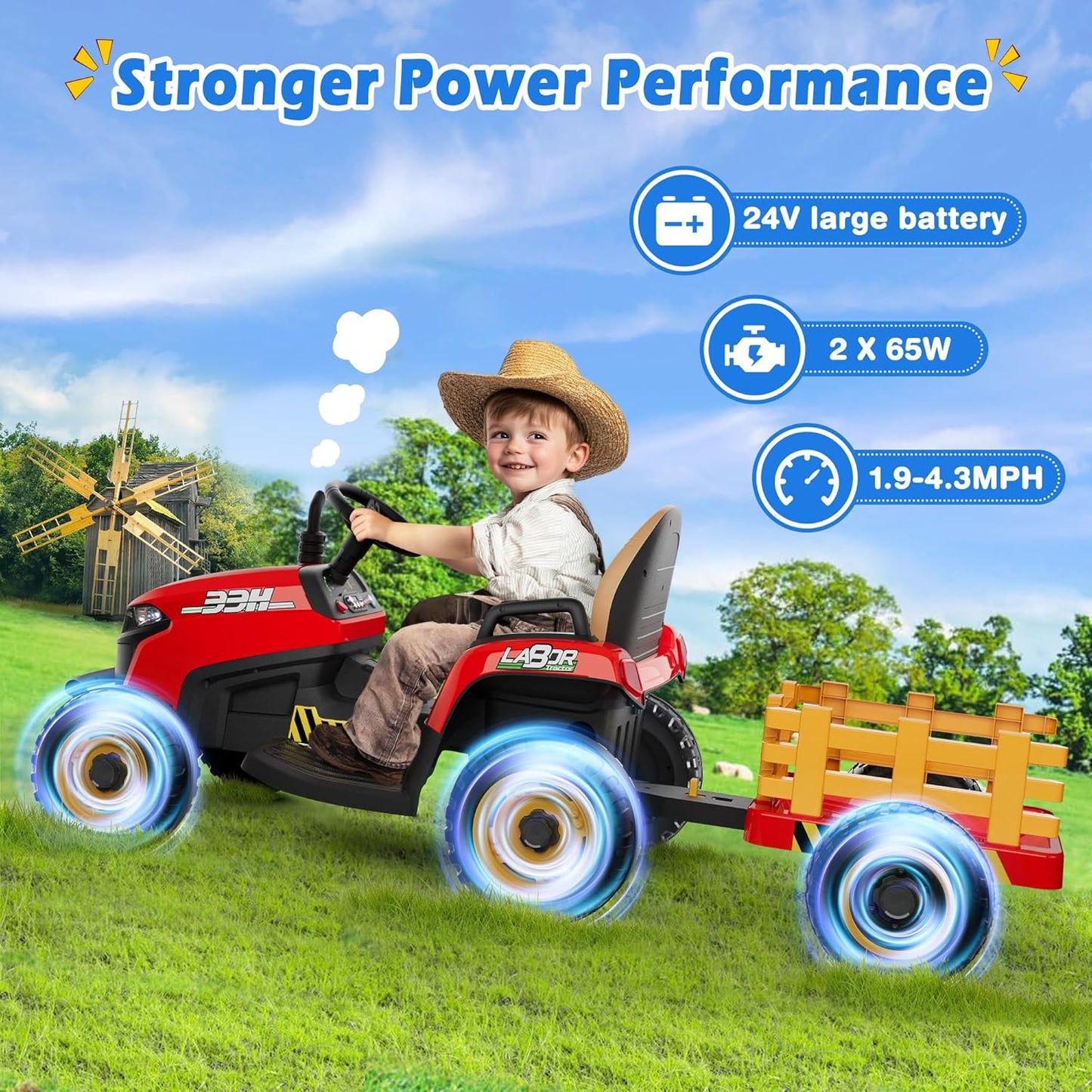 24V Ride On Tractor w/Tiltable & Detachable Trailer, 2x65W Motors, EVA Tires, Remote Control, Bluetooth, Shifter, Music, Electric Car for Kids Ages 2-5, Red