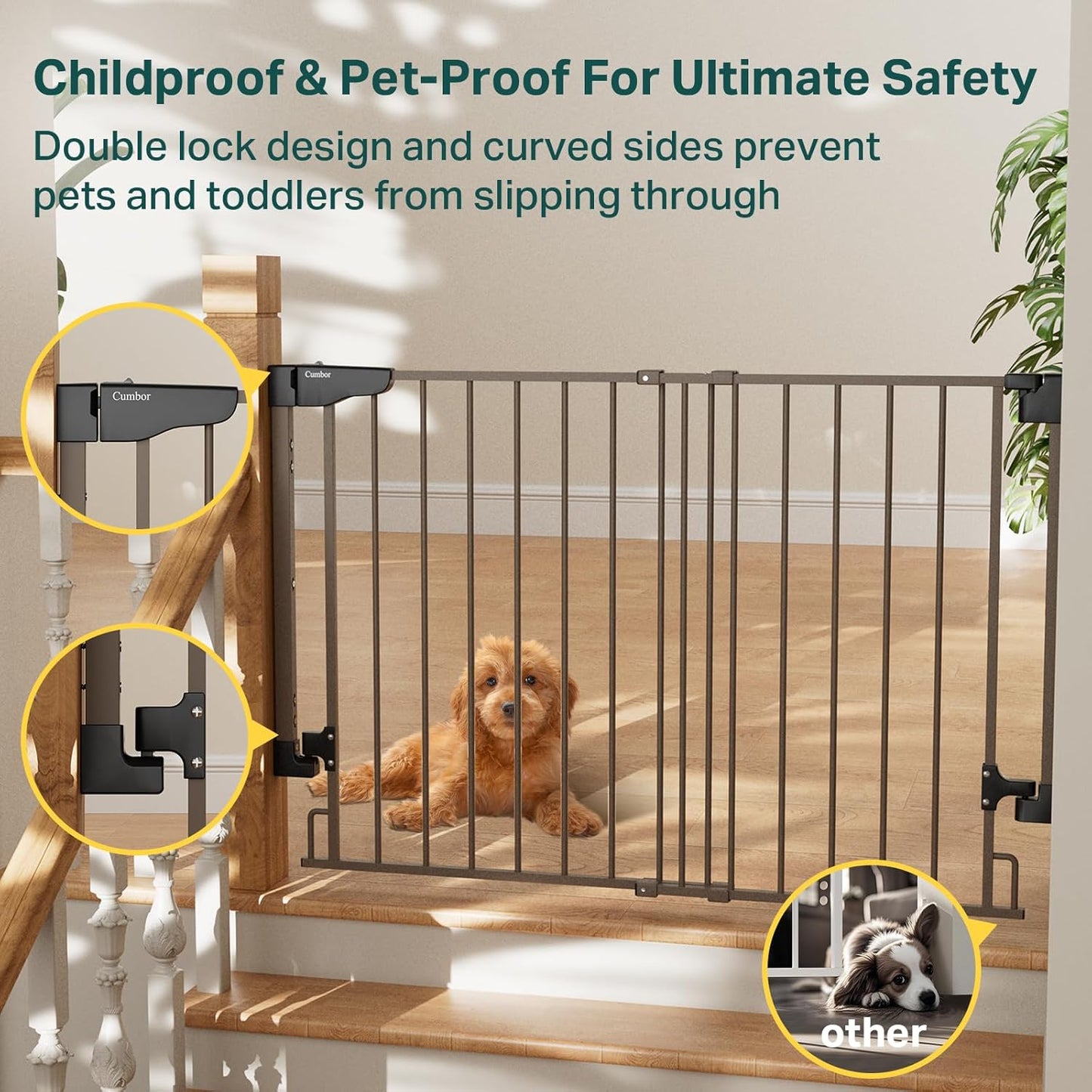 Cumbor 29.2-43" No Bottom Bar Baby Gate for Stairs, 2-in-1 Auto Close Dog Gate Indoor, Hardware Mounted Pet Gate for Doorways with Large Walk Thru Door, Child-Proof Safety Gate for Kids (Brown)
