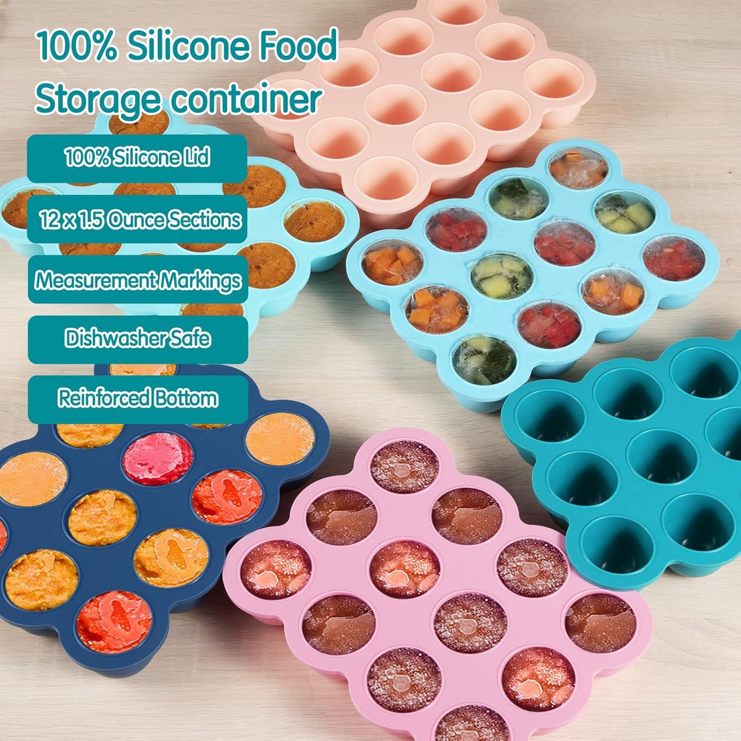 Baby Food Freezer Tray with Clip on Lid, 12 x 1.5 Ounce Baby Food Storage Container, Silicone Freezer Molds for Homemade Baby Food, Fruit Purees & Vegetables (Teal Blue)