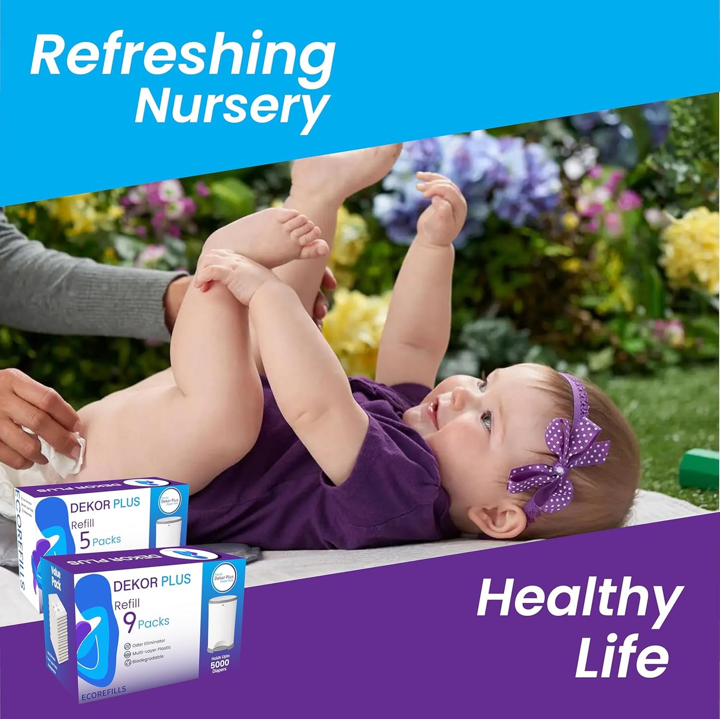 ECO-REFILLS Diaper Pail Refills - Fits Dekor PLUS Extra Thick, Powerful Odor Elimination & Fresh Powder Scent | Easy to Replace and Dispose of Diaper Bag (9 Count (Pack of 1))