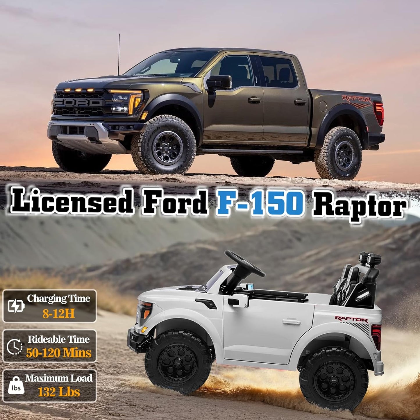 24V Ride on Car Licensed Ford F-150 Raptor, Kids Electric Car with Remote Control, LED Light/Music/MP3, Truck Bed Storage, 3-Point Seat Belt (24V, White)
